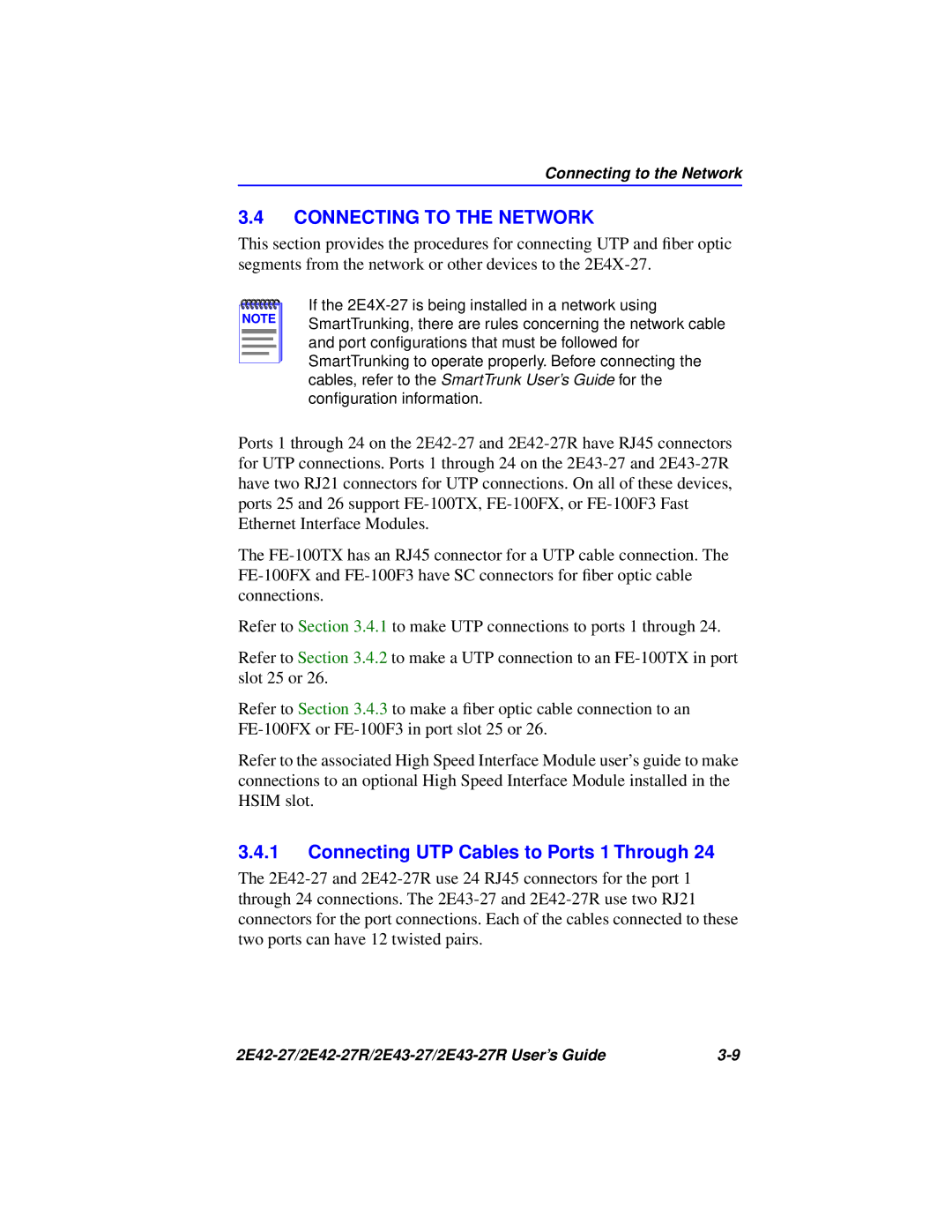 Cabletron Systems 2E42-27R, 2E43-27R manual Connecting to the Network, Connecting UTP Cables to Ports 1 Through 