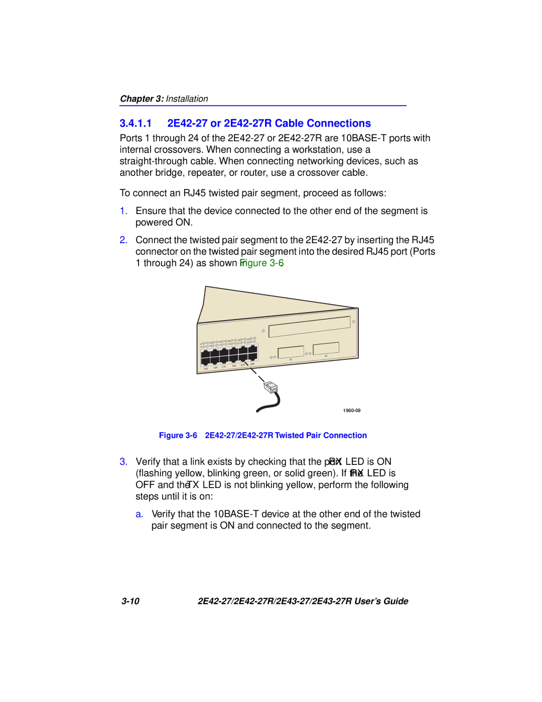 Cabletron Systems 2E43-27R manual 1.1 2E42-27 or 2E42-27R Cable Connections, 2E42-27/2E42-27R Twisted Pair Connection 