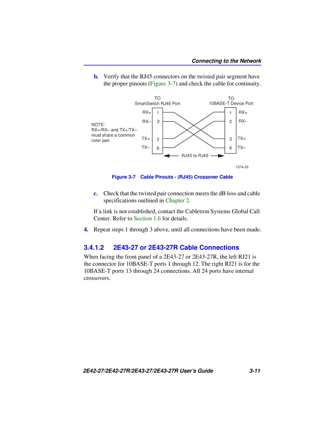 Cabletron Systems 2E42-27R manual 1.2 2E43-27 or 2E43-27R Cable Connections, Cable Pinouts RJ45 Crossover Cable 