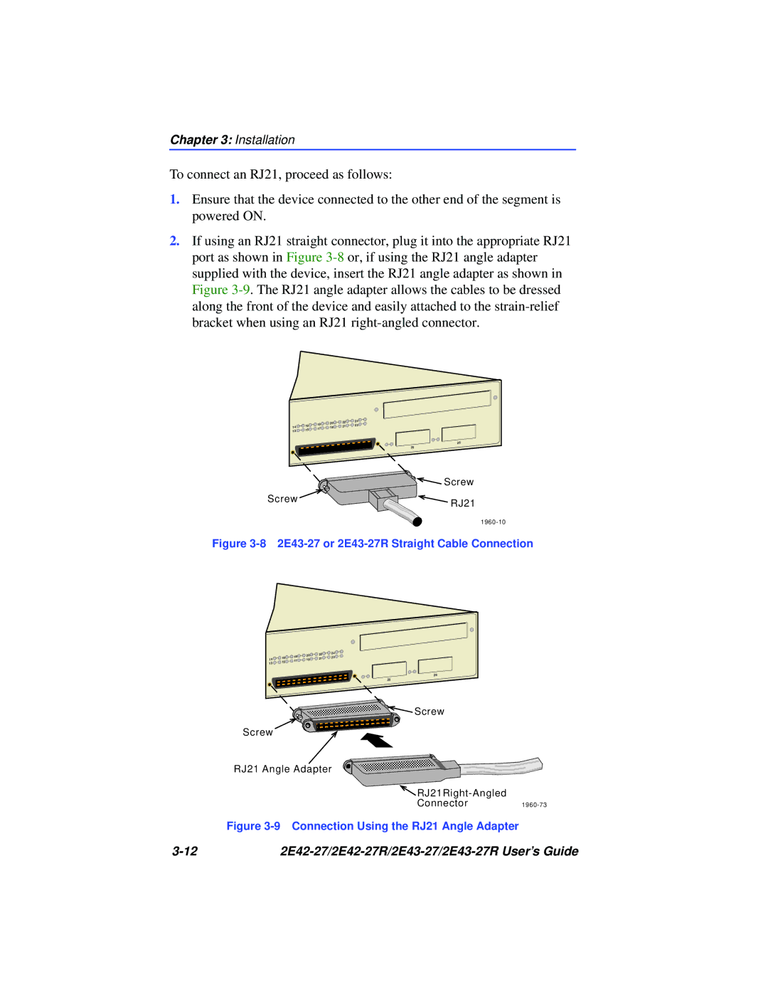 Cabletron Systems 2E42-27R manual 2E43-27 or 2E43-27R Straight Cable Connection 