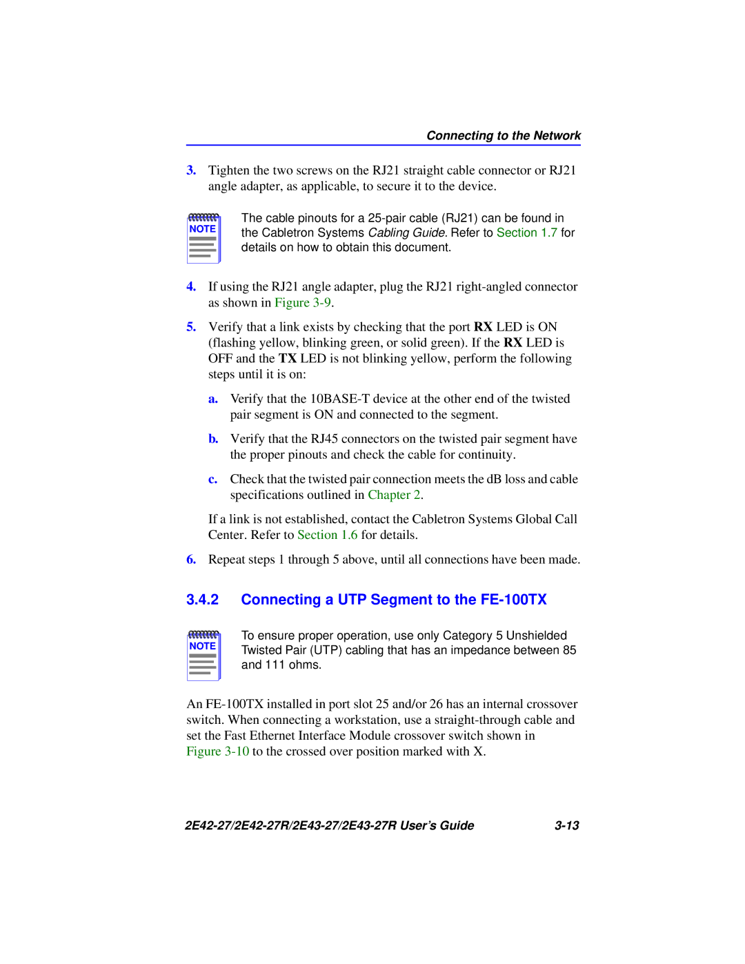 Cabletron Systems 2E42-27R, 2E43-27R manual Connecting a UTP Segment to the FE-100TX 