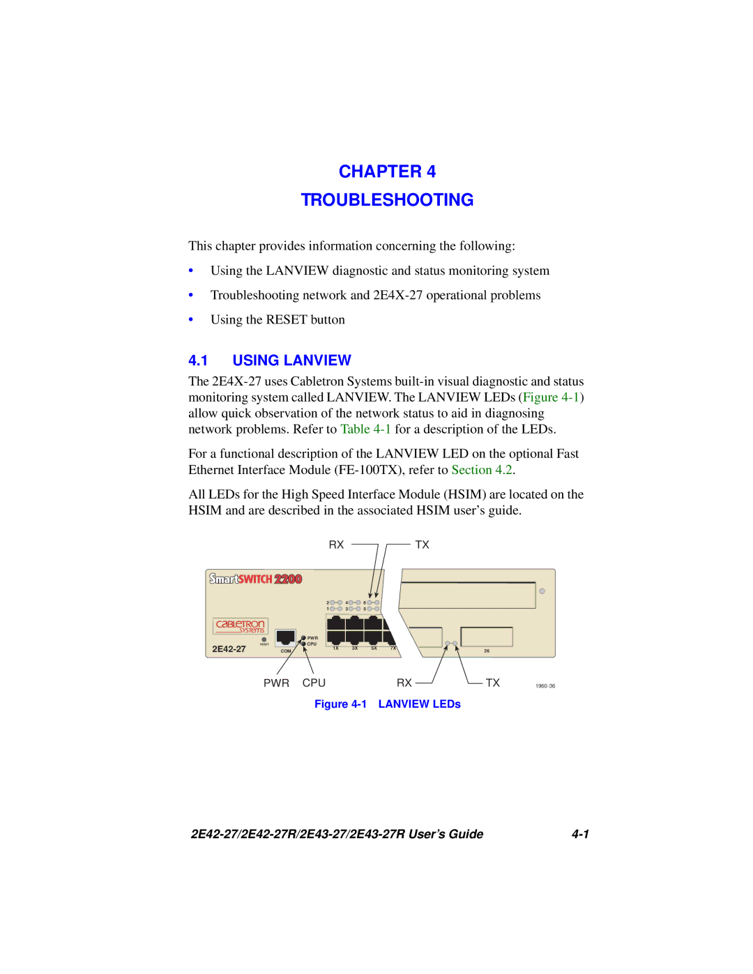 Cabletron Systems 2E43-27R, 2E42-27R manual Chapter Troubleshooting, Using Lanview 