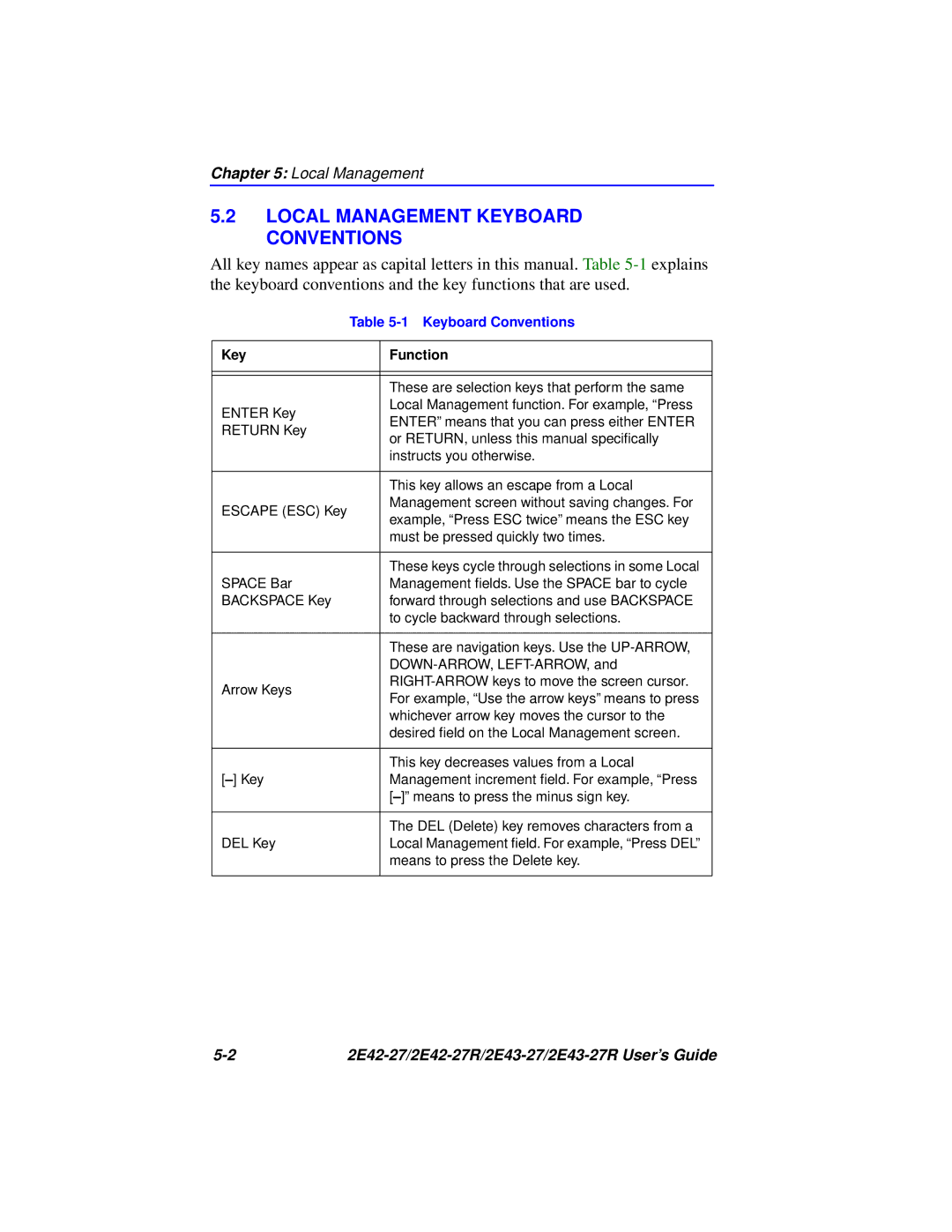 Cabletron Systems 2E43-27R, 2E42-27R manual Local Management Keyboard Conventions 