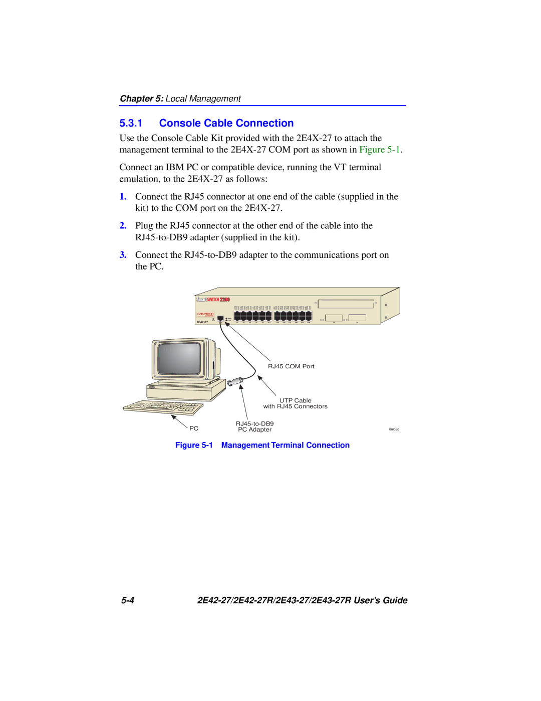 Cabletron Systems 2E43-27R, 2E42-27R manual Console Cable Connection, Management Terminal Connection 