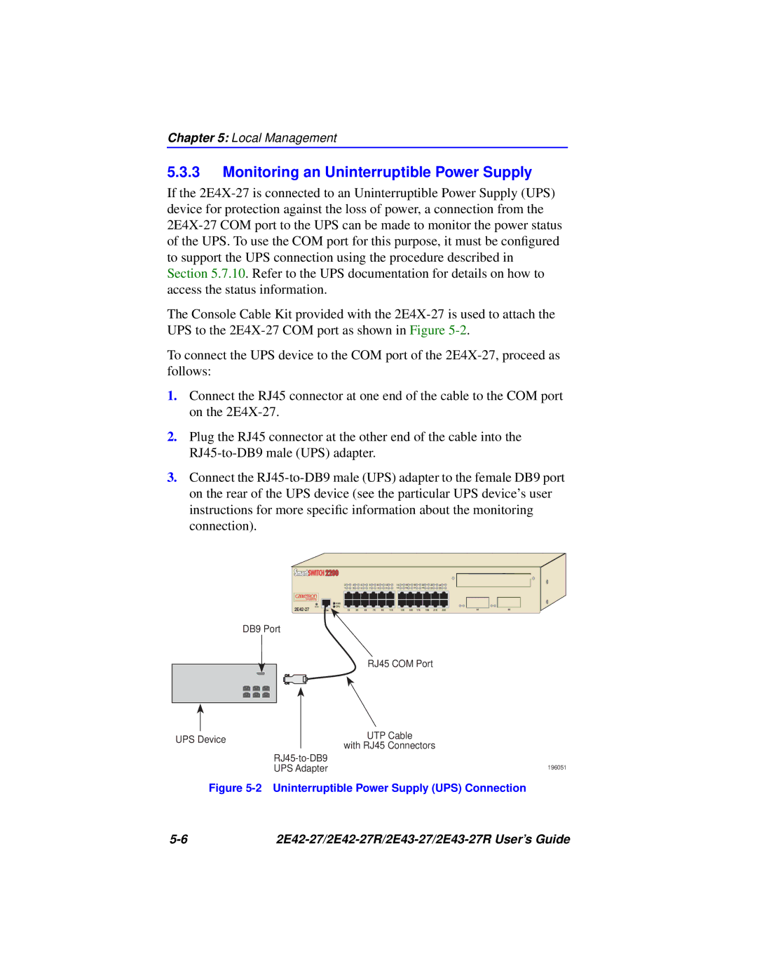 Cabletron Systems 2E43-27R manual Monitoring an Uninterruptible Power Supply, Uninterruptible Power Supply UPS Connection 