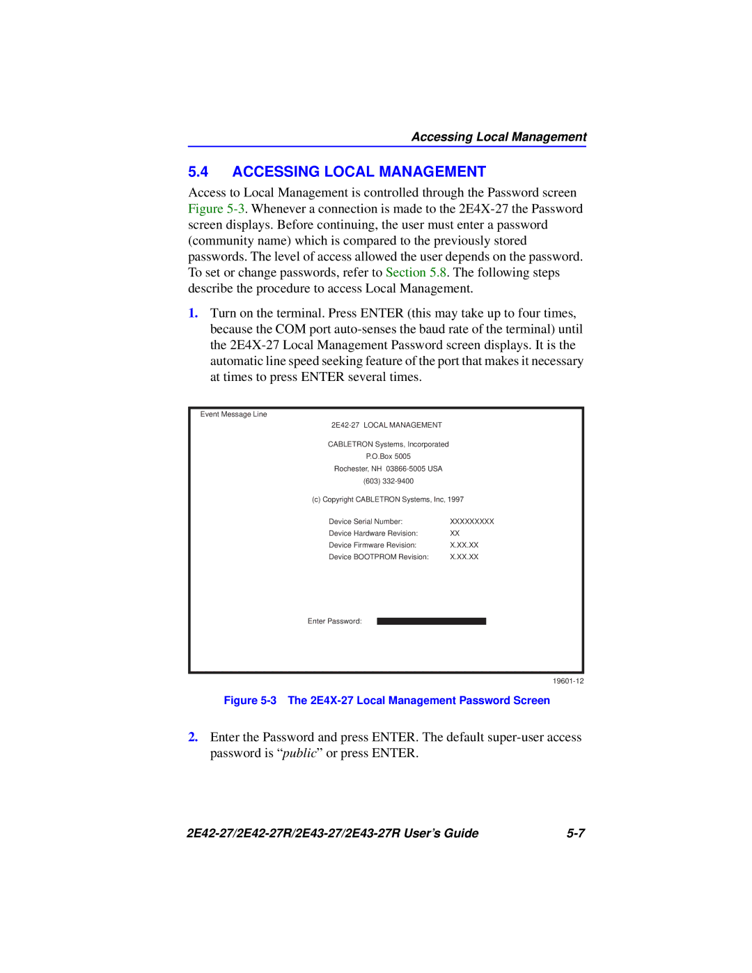 Cabletron Systems 2E42-27R, 2E43-27R manual Accessing Local Management, 2E42-27 Local Management 