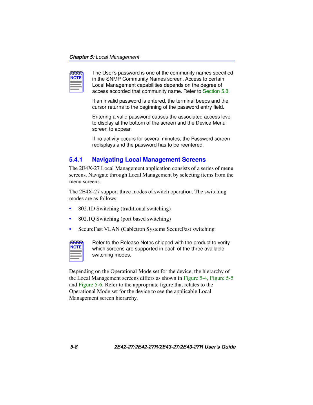 Cabletron Systems 2E43-27R, 2E42-27R manual Navigating Local Management Screens 