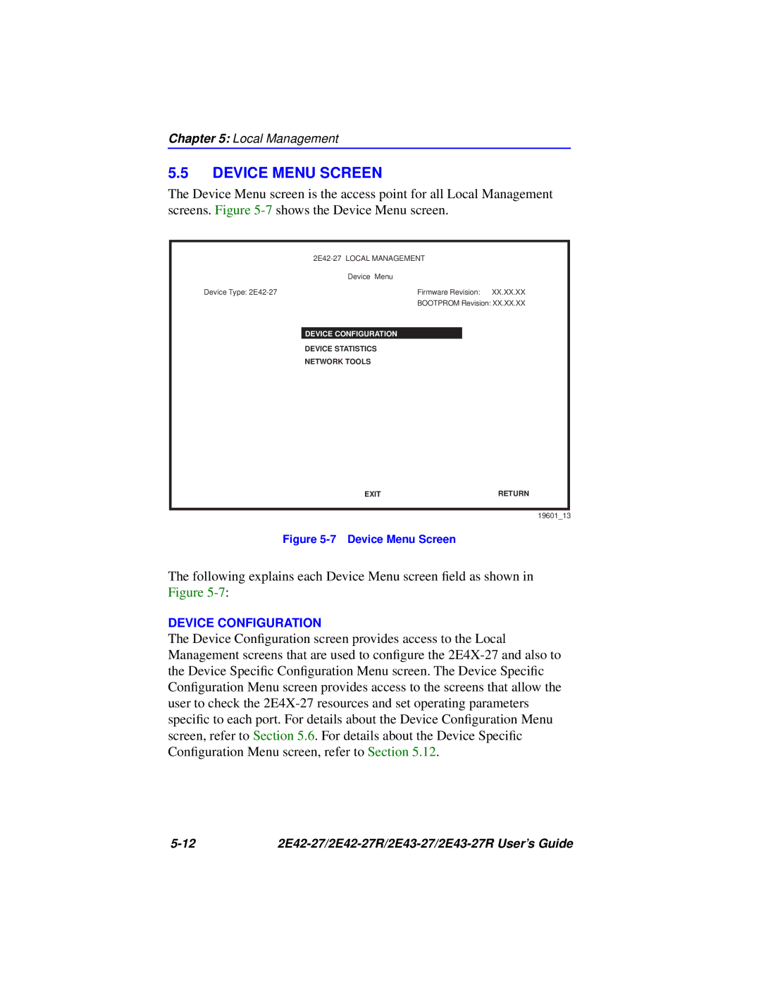 Cabletron Systems 2E43-27R, 2E42-27R manual Device Menu Screen 