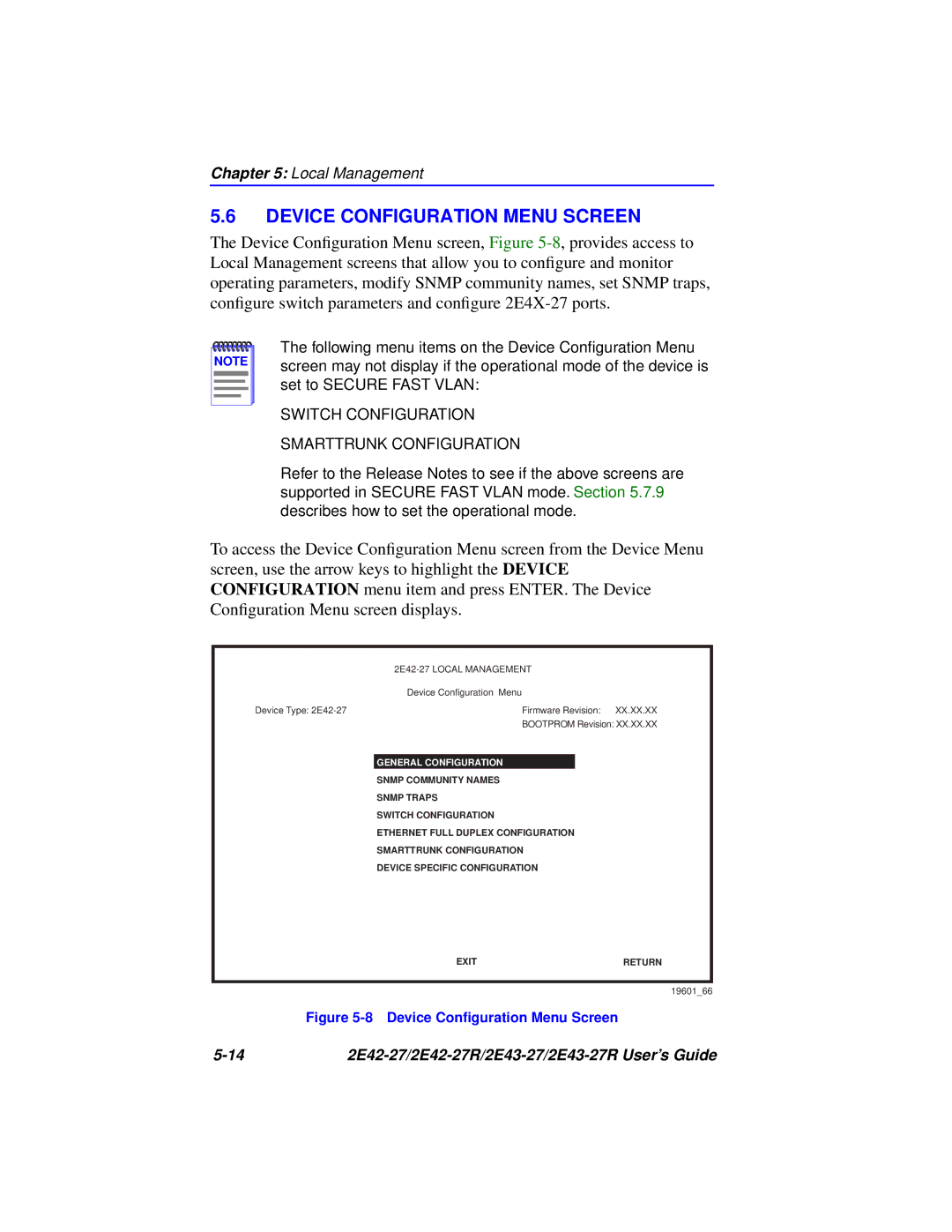 Cabletron Systems 2E43-27R, 2E42-27 manual Device Configuration Menu Screen, Switch Configuration Smarttrunk Configuration 