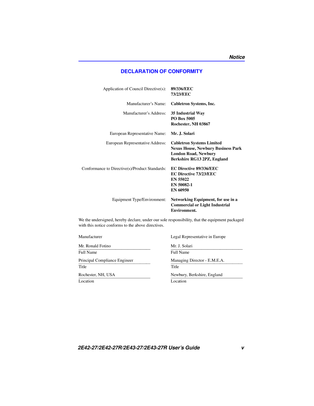 Cabletron Systems 2E42-27R, 2E43-27R manual Declaration of Conformity 