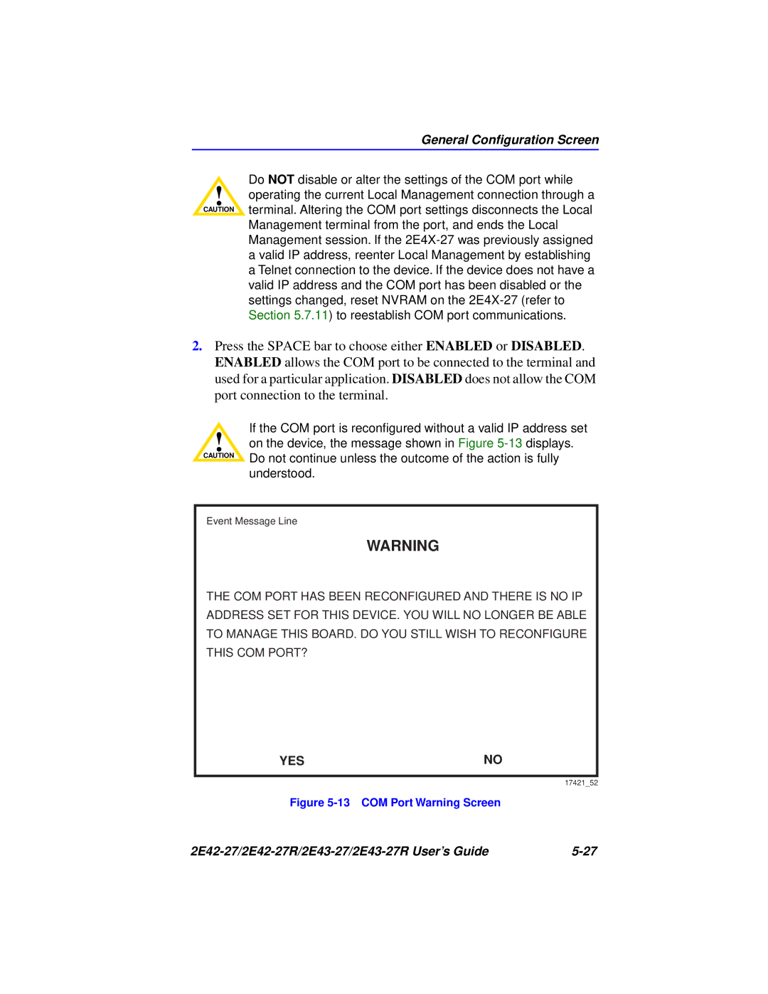 Cabletron Systems 2E42-27R, 2E43-27R manual COM Port Warning Screen 