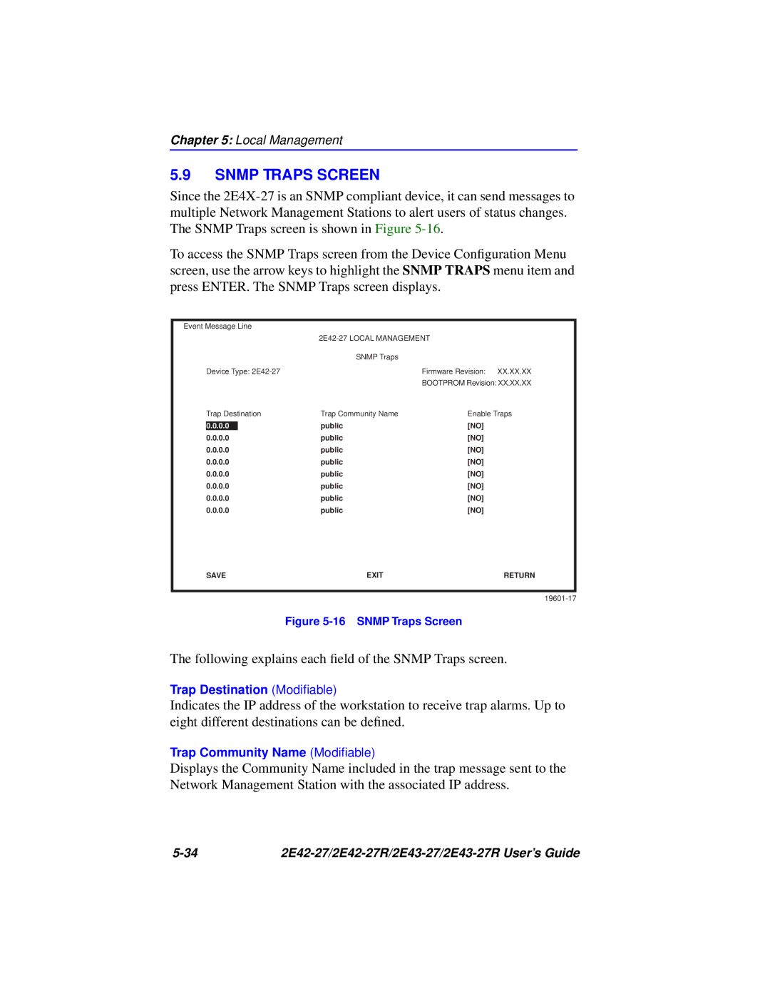 Cabletron Systems 2E43-27R, 2E42-27R manual Snmp Traps Screen, 2E42-27 Local Management 