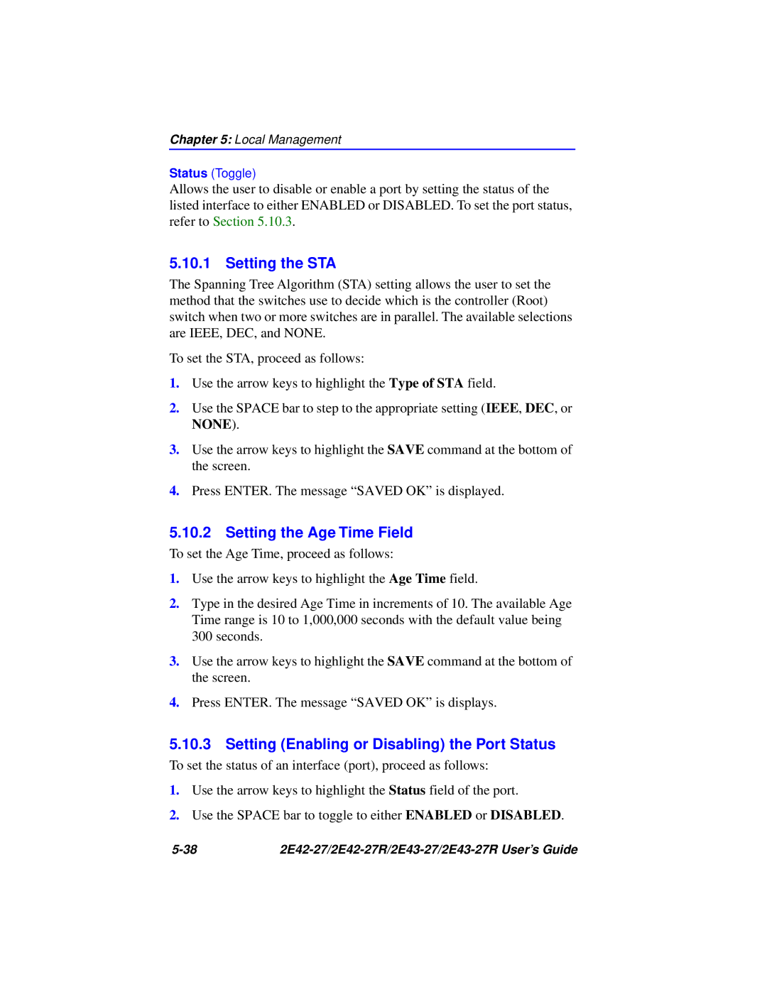 Cabletron Systems 2E43-27R Setting the STA, Setting the Age Time Field, Setting Enabling or Disabling the Port Status 