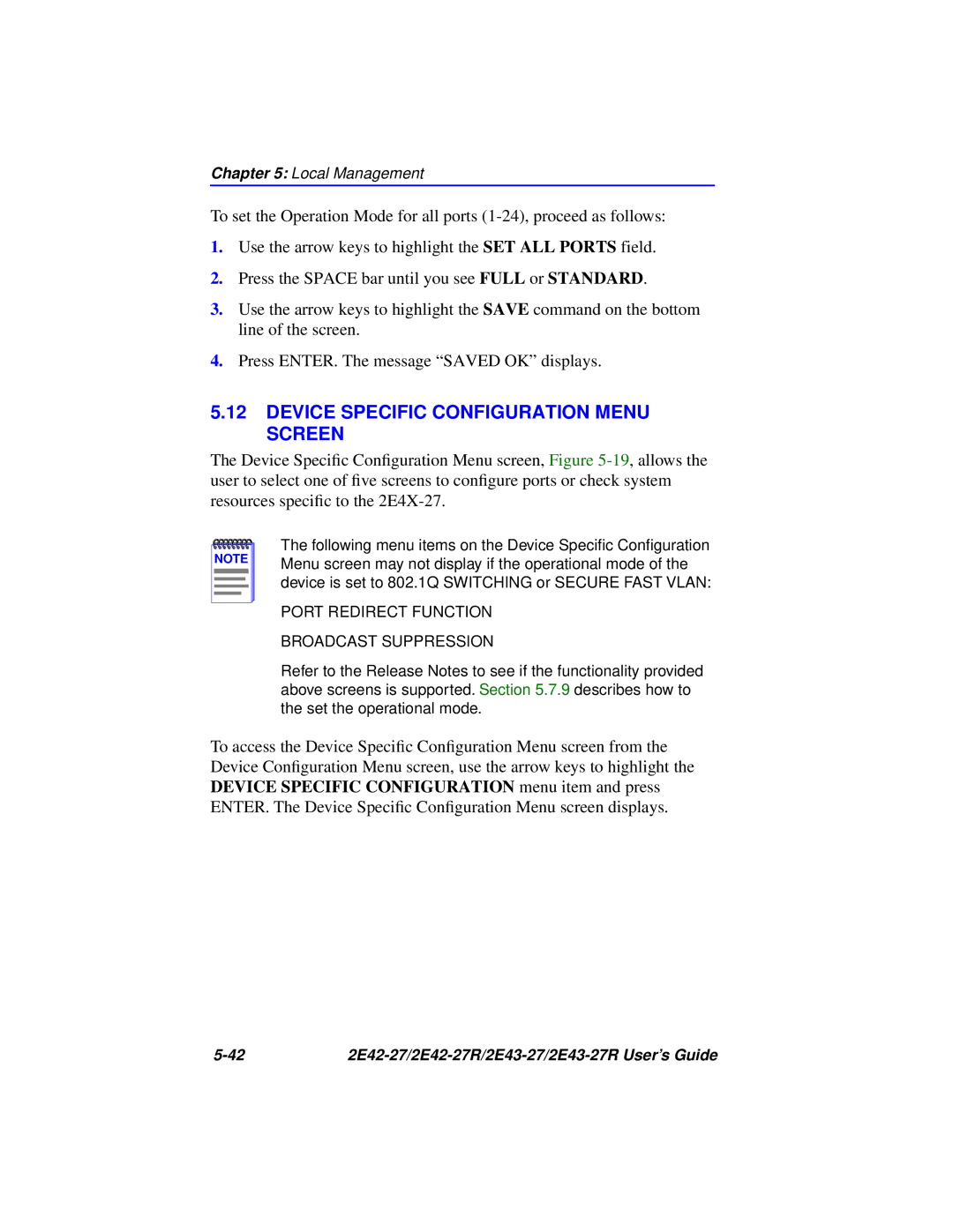 Cabletron Systems 2E43-27R manual Device Specific Configuration Menu Screen, Port Redirect Function Broadcast Suppression 