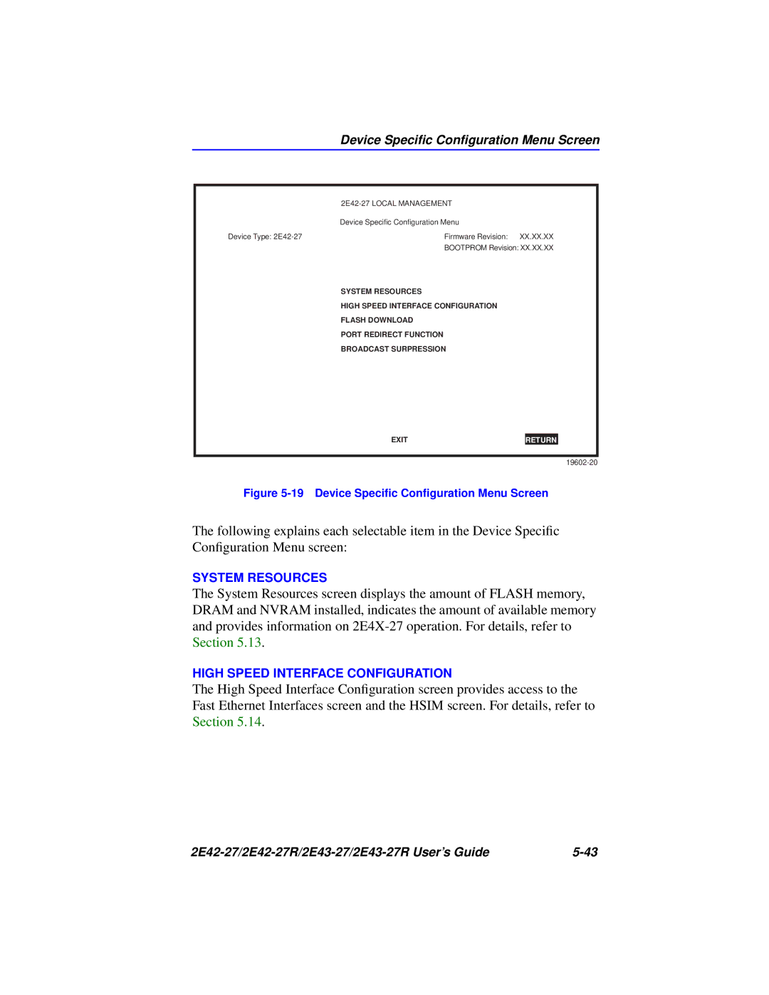 Cabletron Systems 2E42-27R, 2E43-27R manual Device Speciﬁc Conﬁguration Menu Screen 