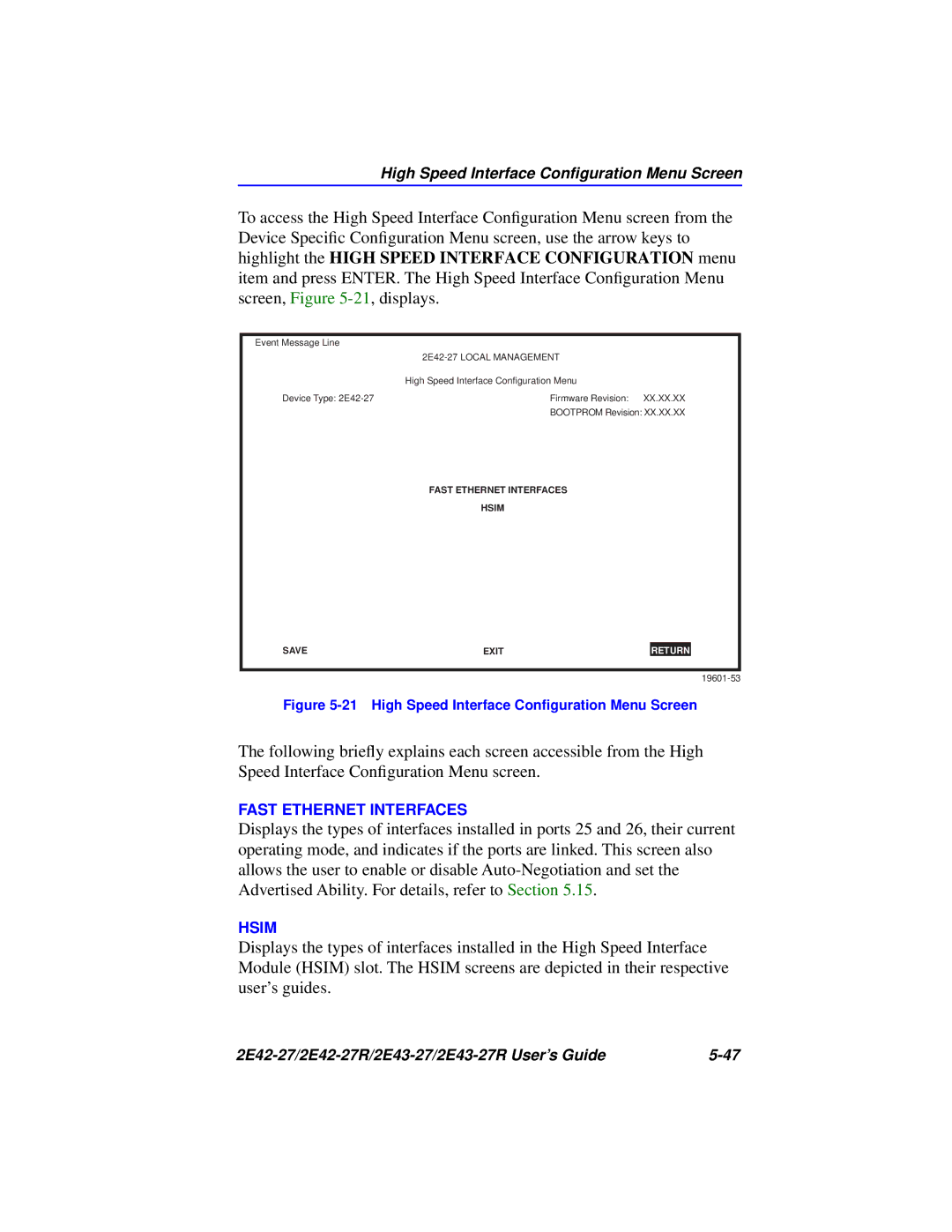 Cabletron Systems 2E42-27R, 2E43-27R manual High Speed Interface Conﬁguration Menu Screen 