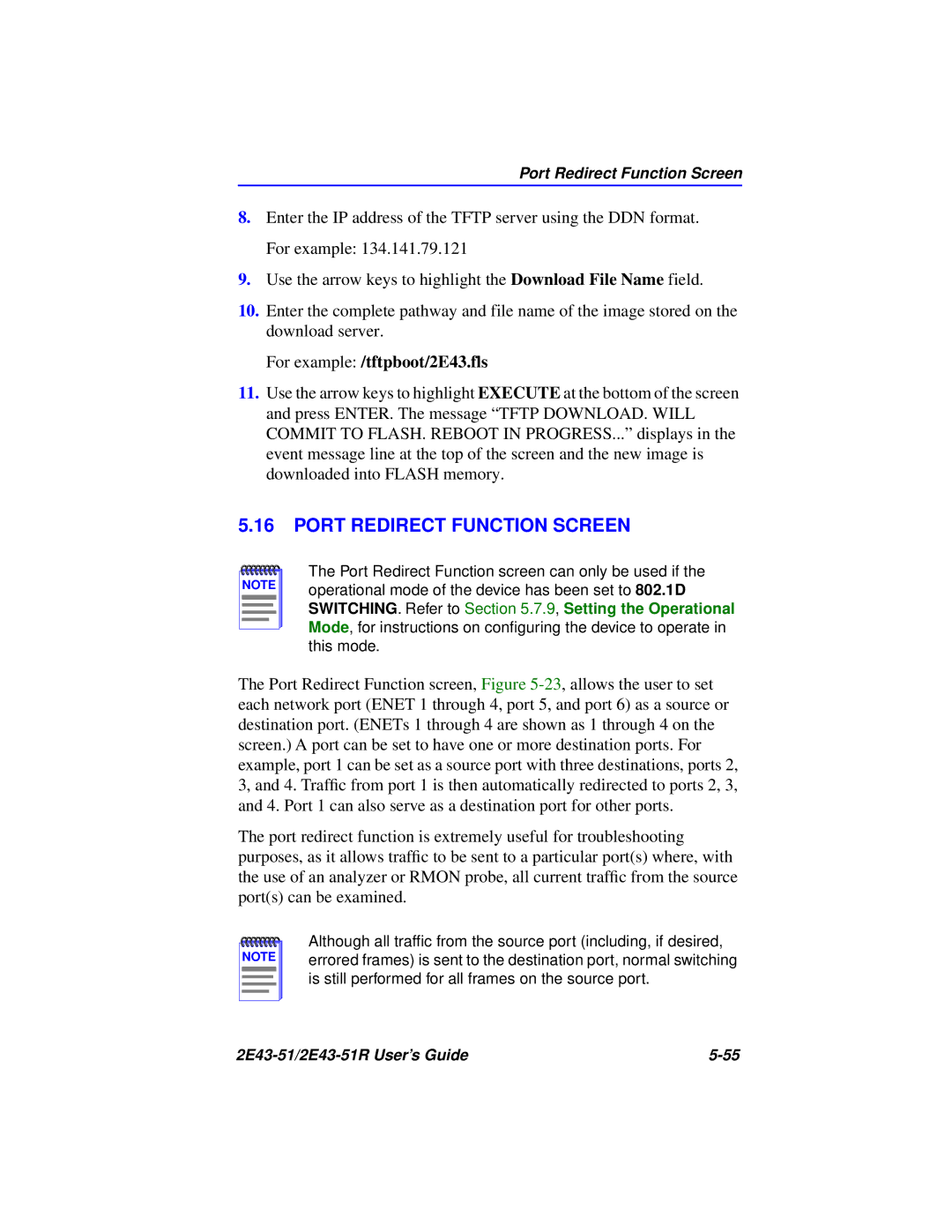 Cabletron Systems 2E43-51R manual Port Redirect Function Screen, For example /tftpboot/2E43.fls 