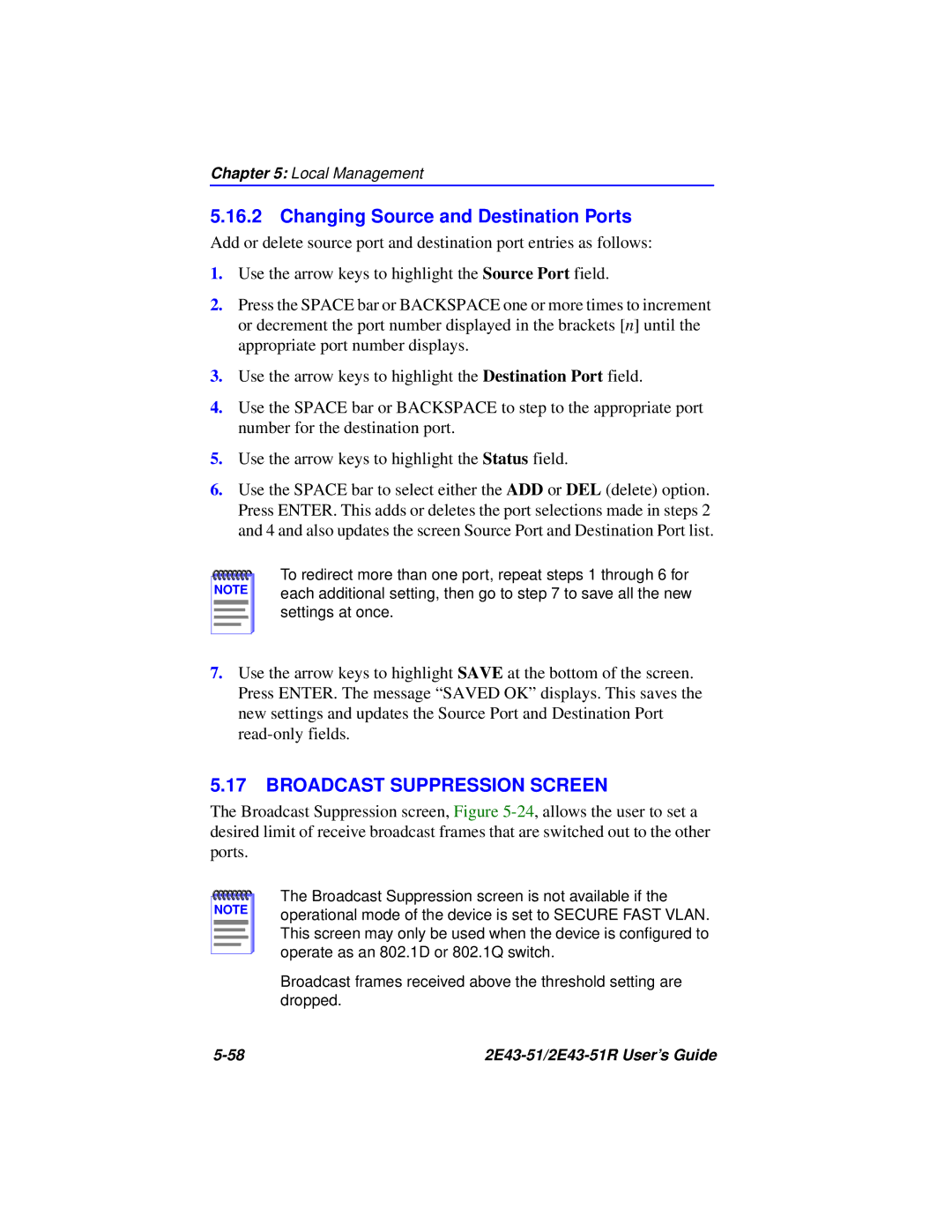 Cabletron Systems 2E43-51R manual Changing Source and Destination Ports, Broadcast Suppression Screen 