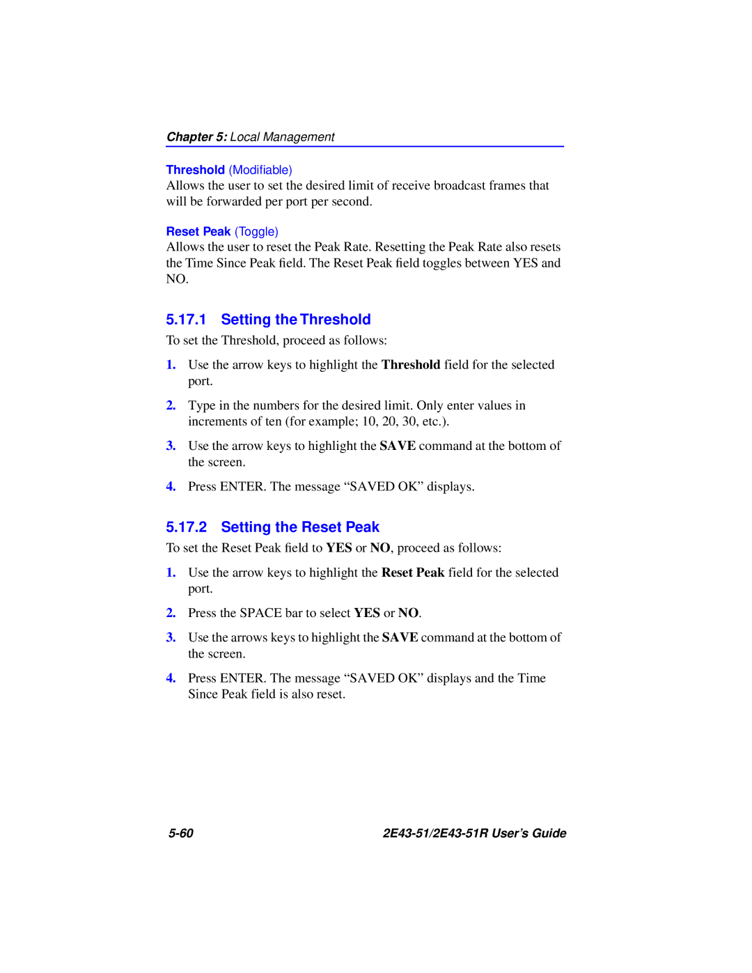 Cabletron Systems 2E43-51R manual Setting the Threshold, Setting the Reset Peak 