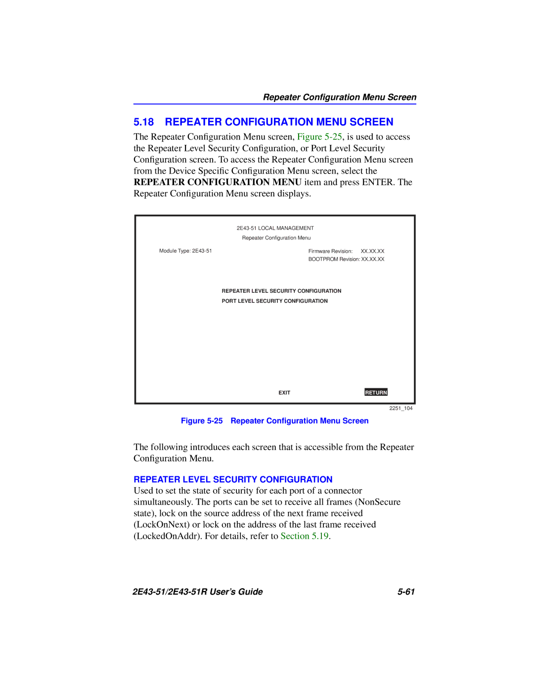 Cabletron Systems 2E43-51R manual Repeater Configuration Menu Screen, Repeater Conﬁguration Menu Screen 