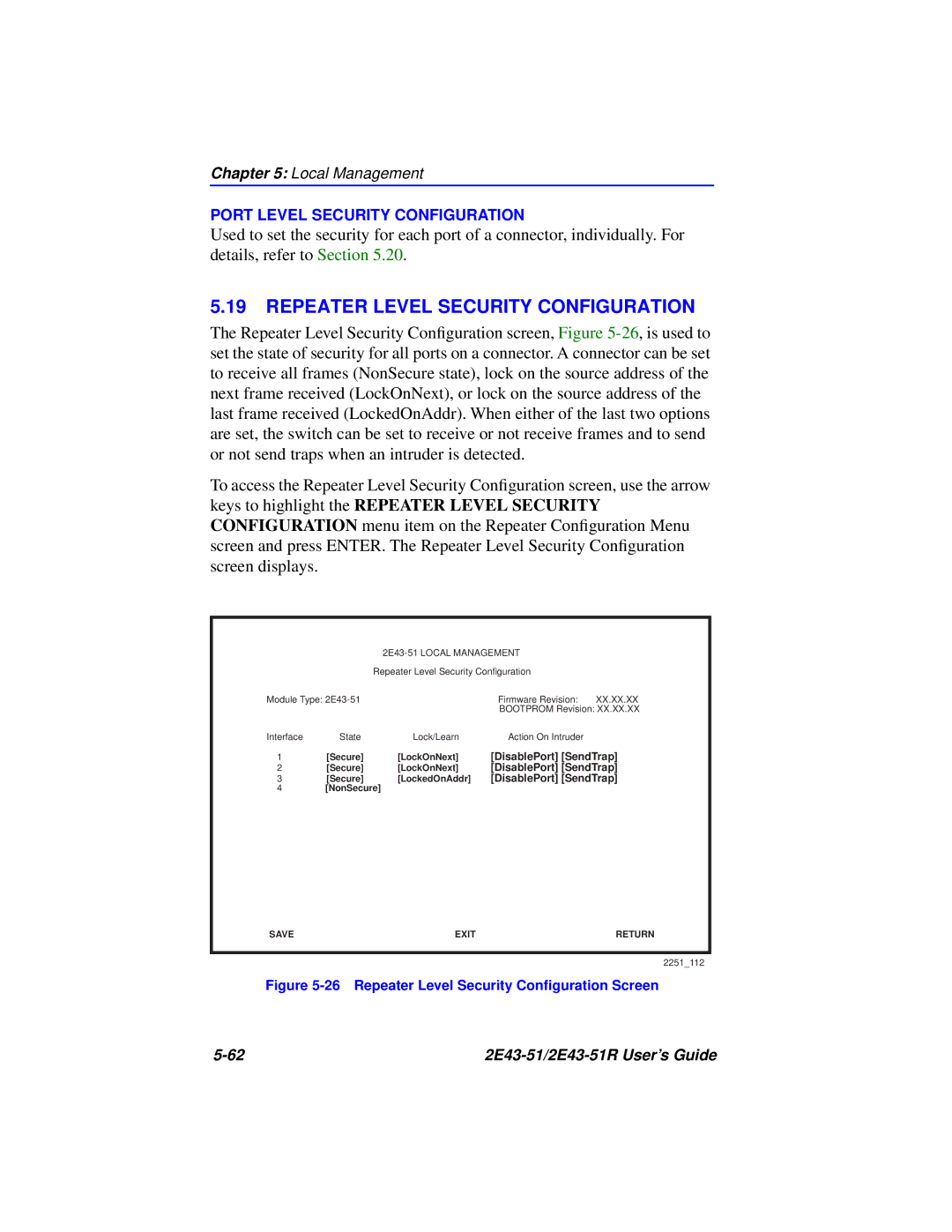 Cabletron Systems 2E43-51R manual Repeater Level Security Configuration, Repeater Level Security Conﬁguration Screen 