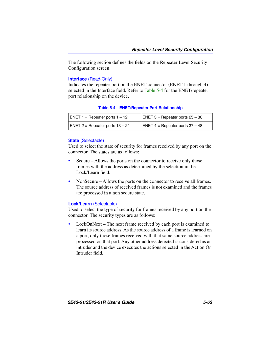 Cabletron Systems 2E43-51R manual Repeater Level Security Conﬁguration 