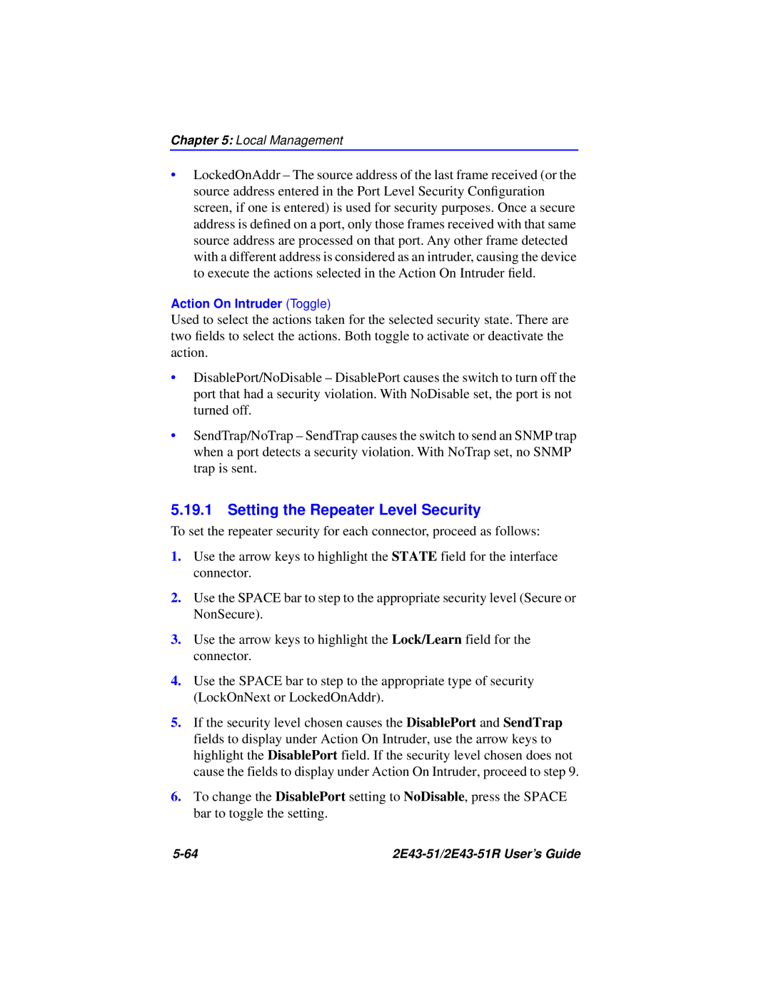 Cabletron Systems 2E43-51R manual Setting the Repeater Level Security 