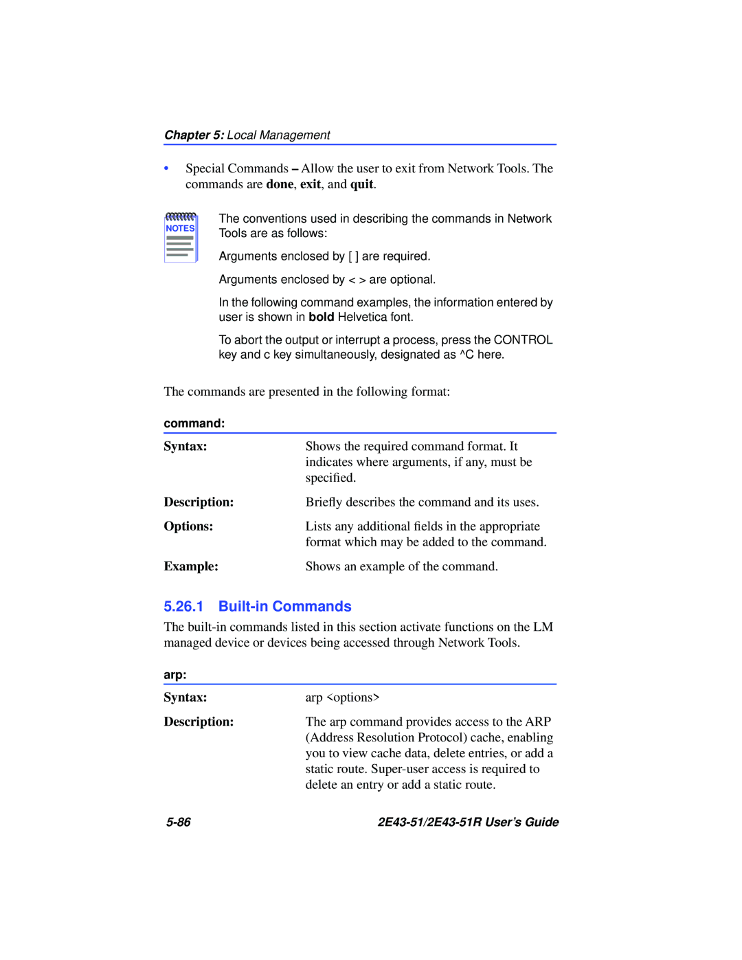 Cabletron Systems 2E43-51R manual Built-in Commands, Syntax Arp options 