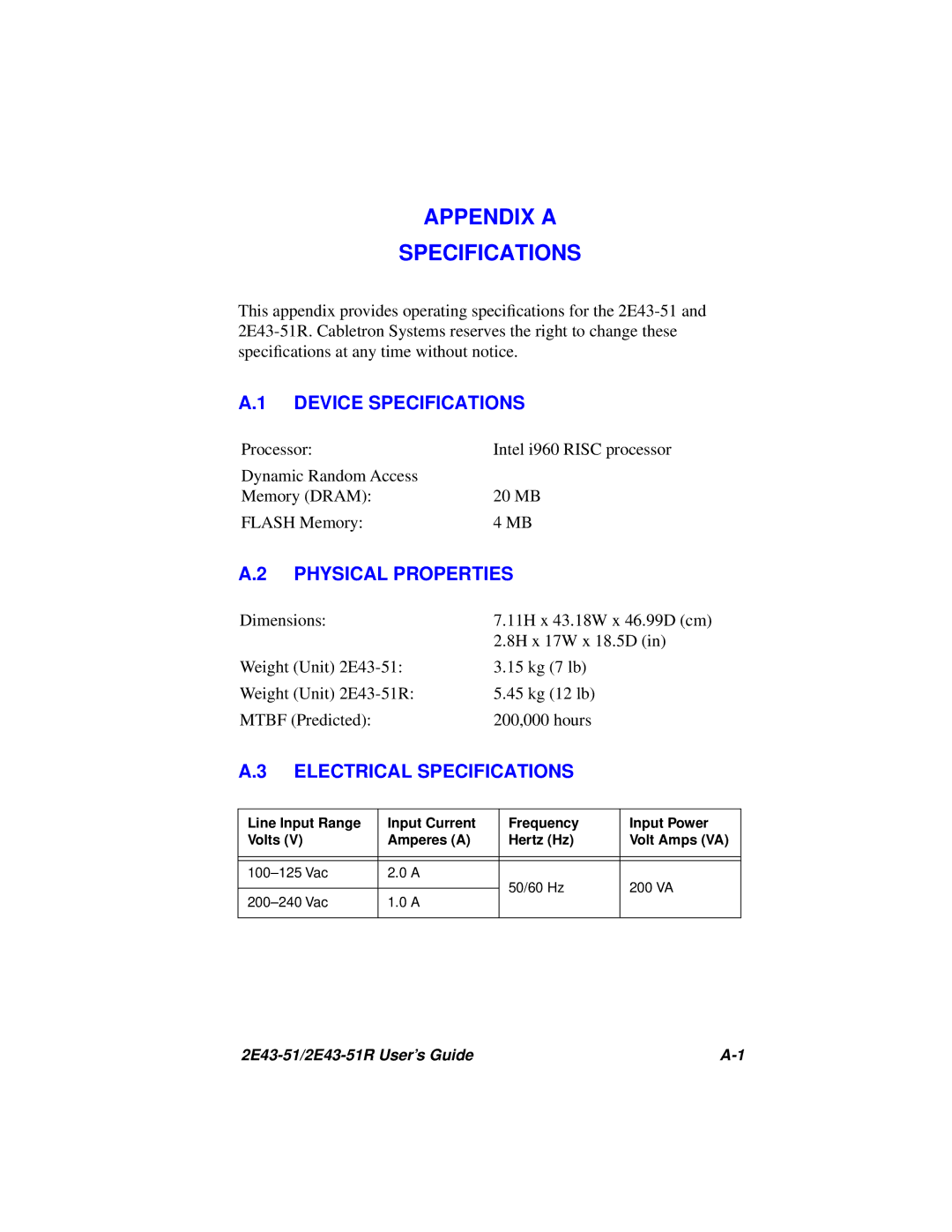 Cabletron Systems 2E43-51R manual Device Specifications, Physical Properties, Electrical Specifications 