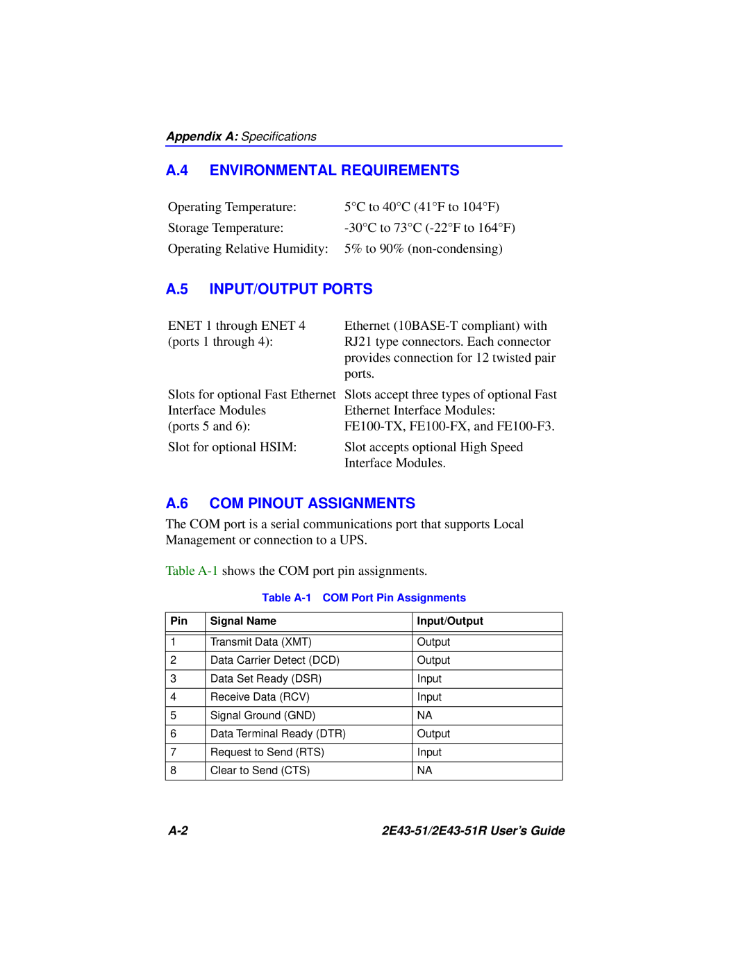 Cabletron Systems 2E43-51R manual Environmental Requirements, INPUT/OUTPUT Ports, COM Pinout Assignments 