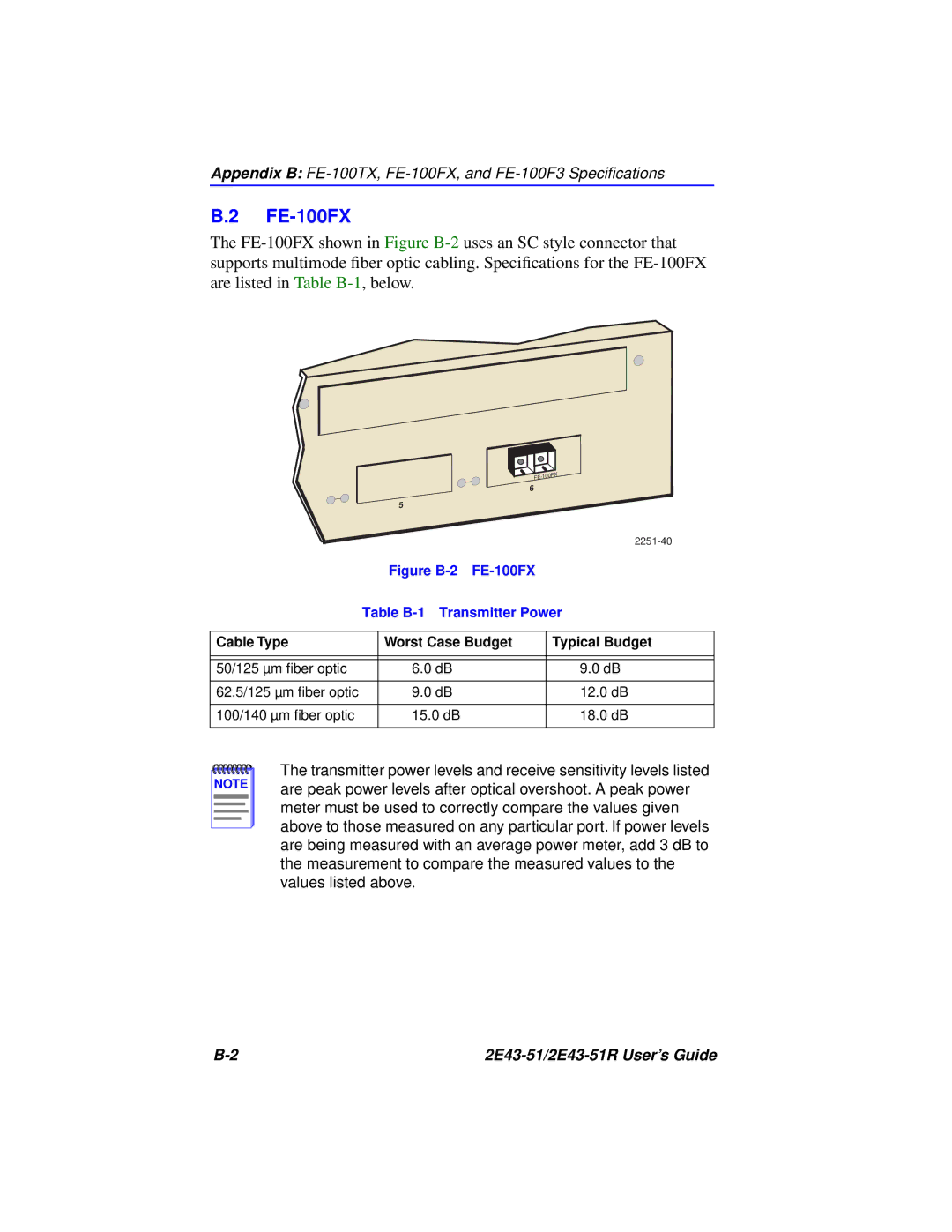 Cabletron Systems 2E43-51R manual Figure B-2 FE-100FX Table B-1 Transmitter Power 