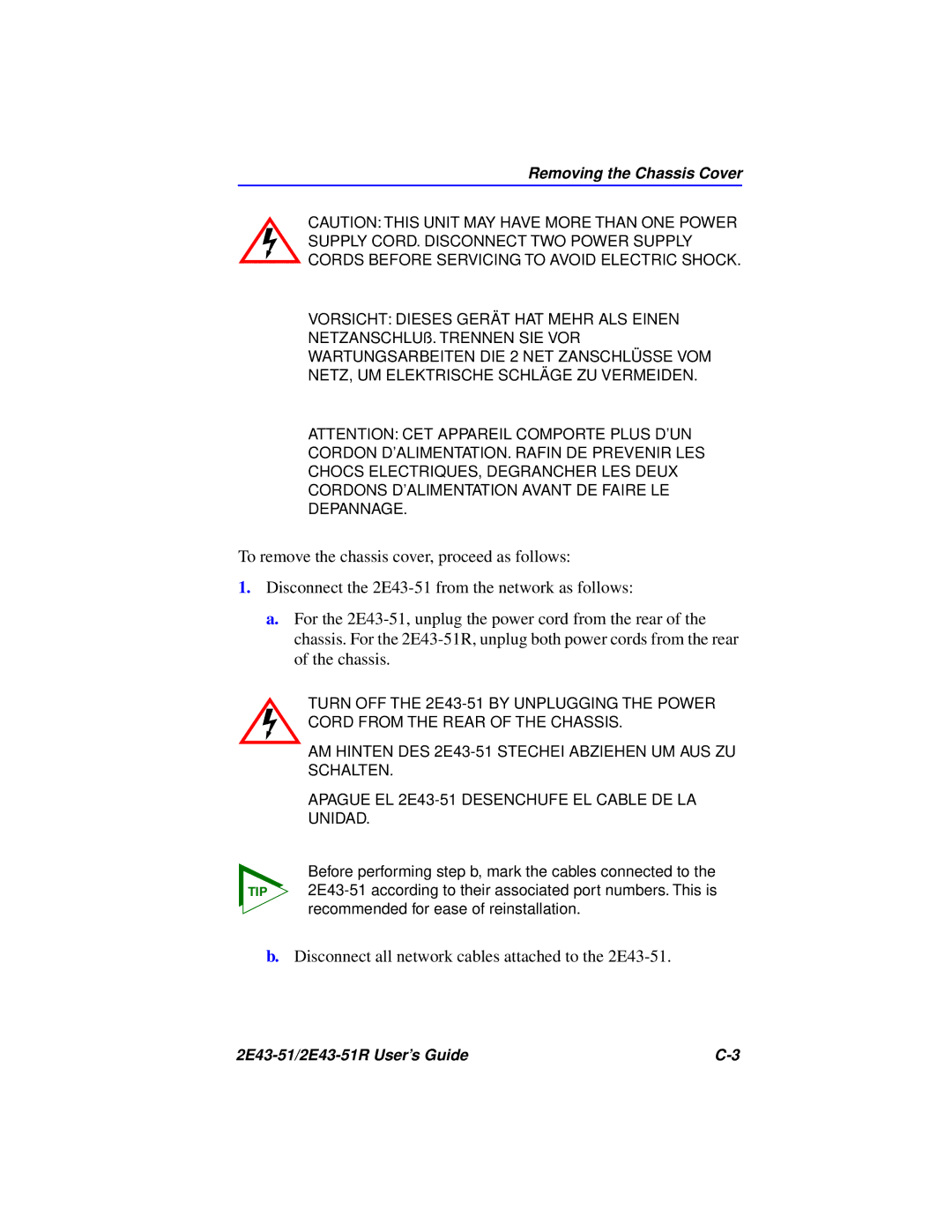 Cabletron Systems 2E43-51R manual Disconnect all network cables attached to the 2E43-51 