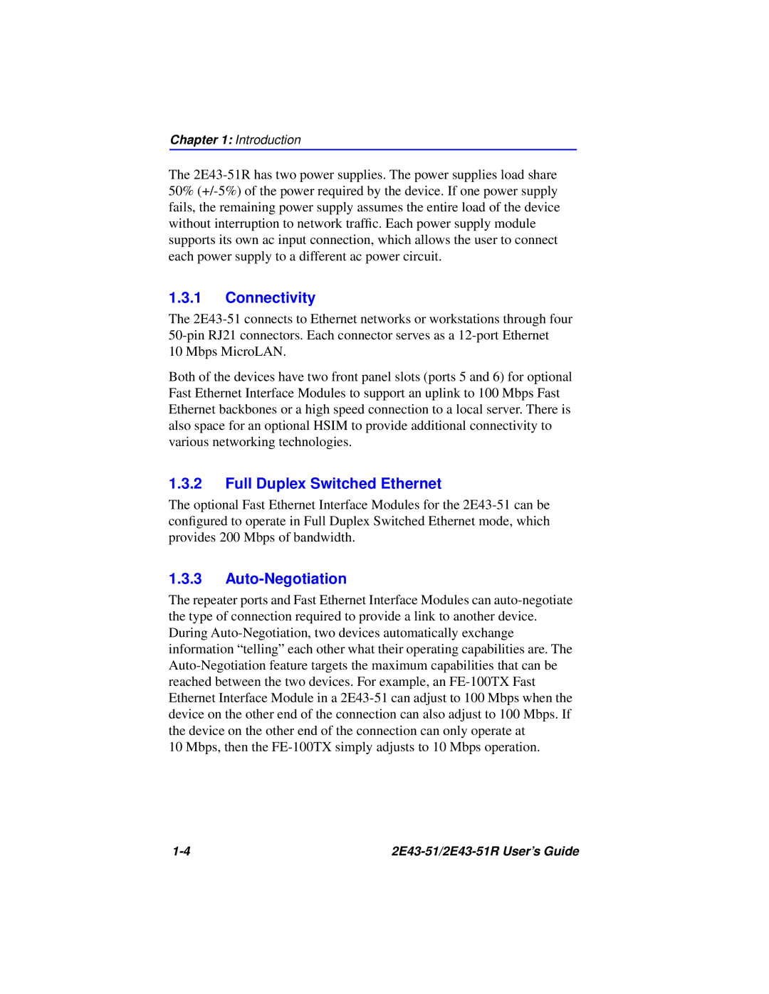 Cabletron Systems 2E43-51R manual Connectivity, Full Duplex Switched Ethernet, Auto-Negotiation 