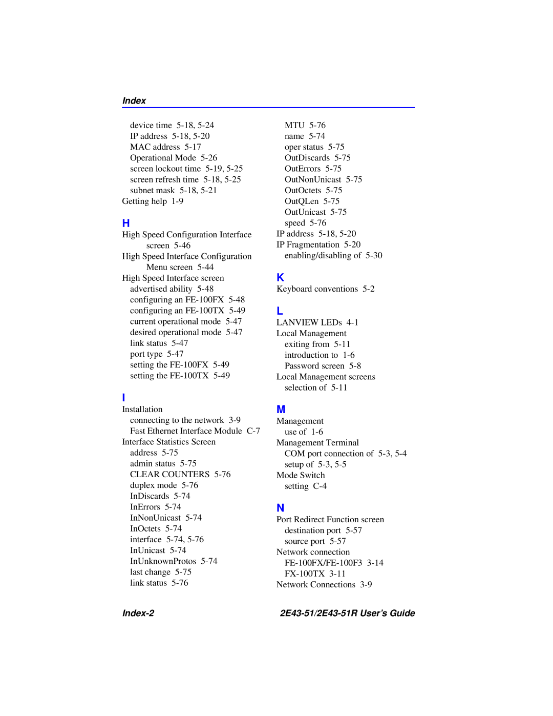 Cabletron Systems manual Index-2 2E43-51/2E43-51R User’s Guide 