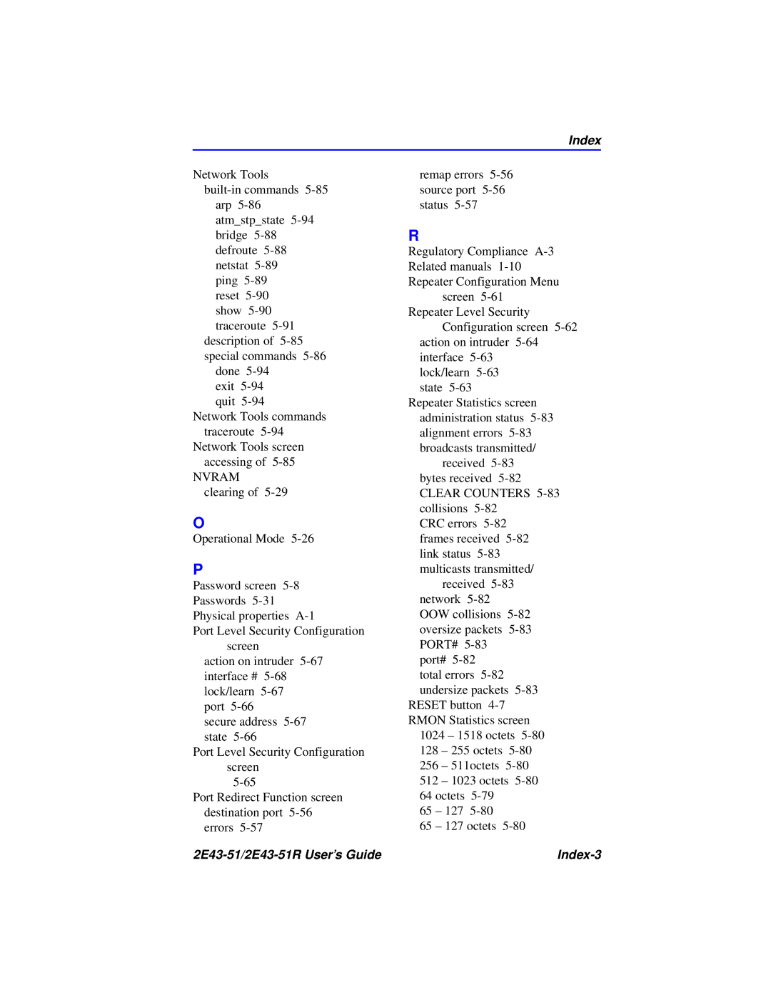 Cabletron Systems manual 2E43-51/2E43-51R User’s Guide Index-3 