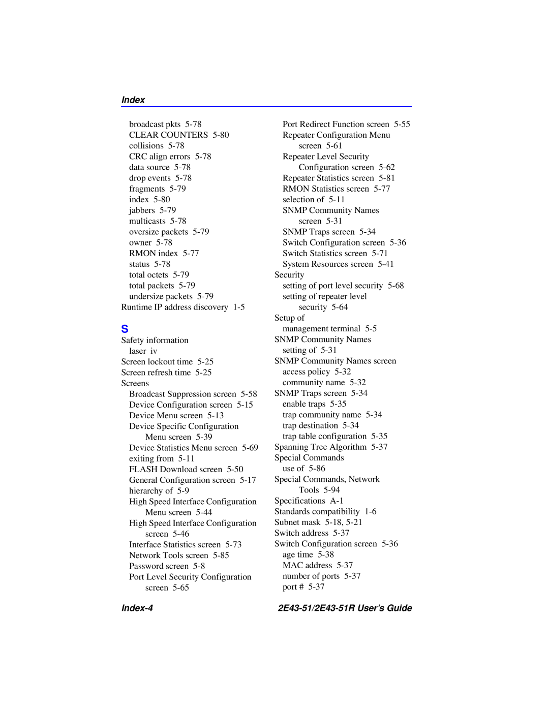 Cabletron Systems manual Index-4 2E43-51/2E43-51R User’s Guide 