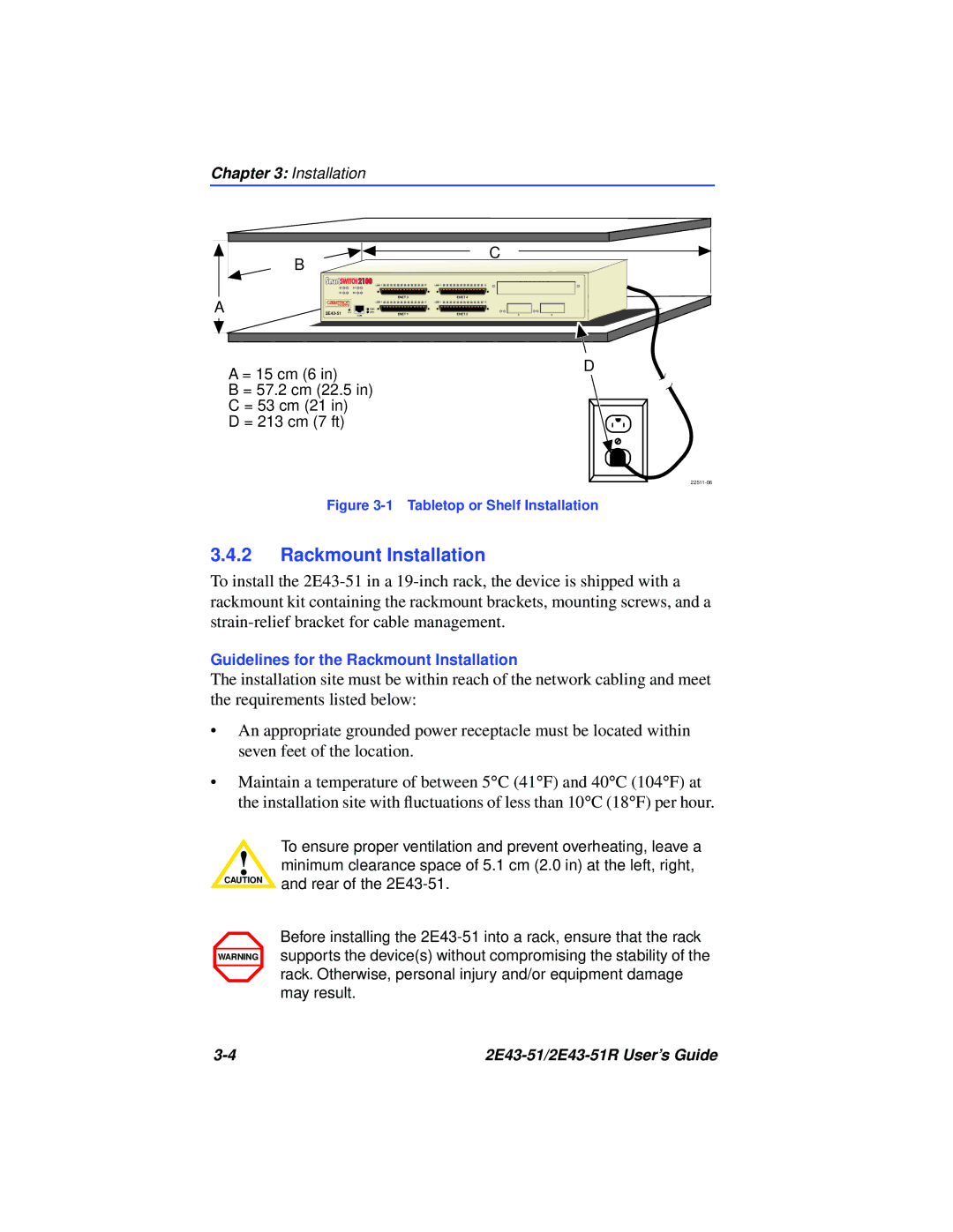 Cabletron Systems 2E43-51R manual Rackmount Installation, Tabletop or Shelf Installation 