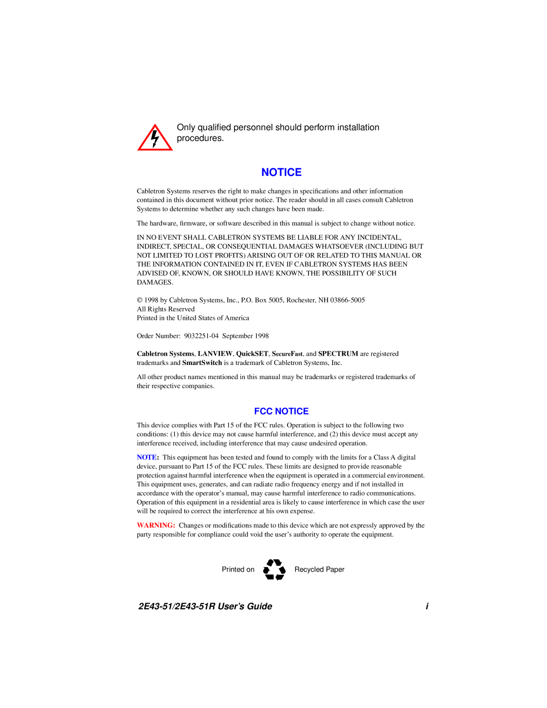 Cabletron Systems manual 2E43-51/2E43-51R User’s Guide 