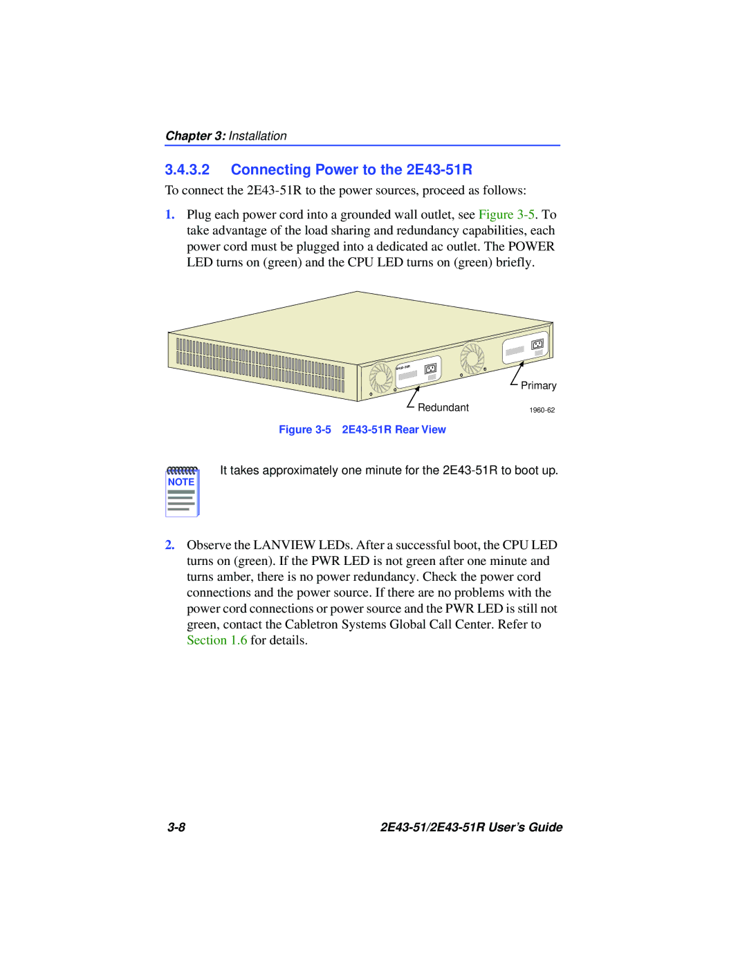 Cabletron Systems manual Connecting Power to the 2E43-51R, 2E43-51R Rear View 