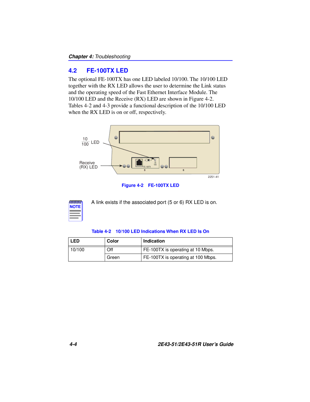 Cabletron Systems 2E43-51R manual FE-100TX LED, Link exists if the associated port 5 or 6 RX LED is on 