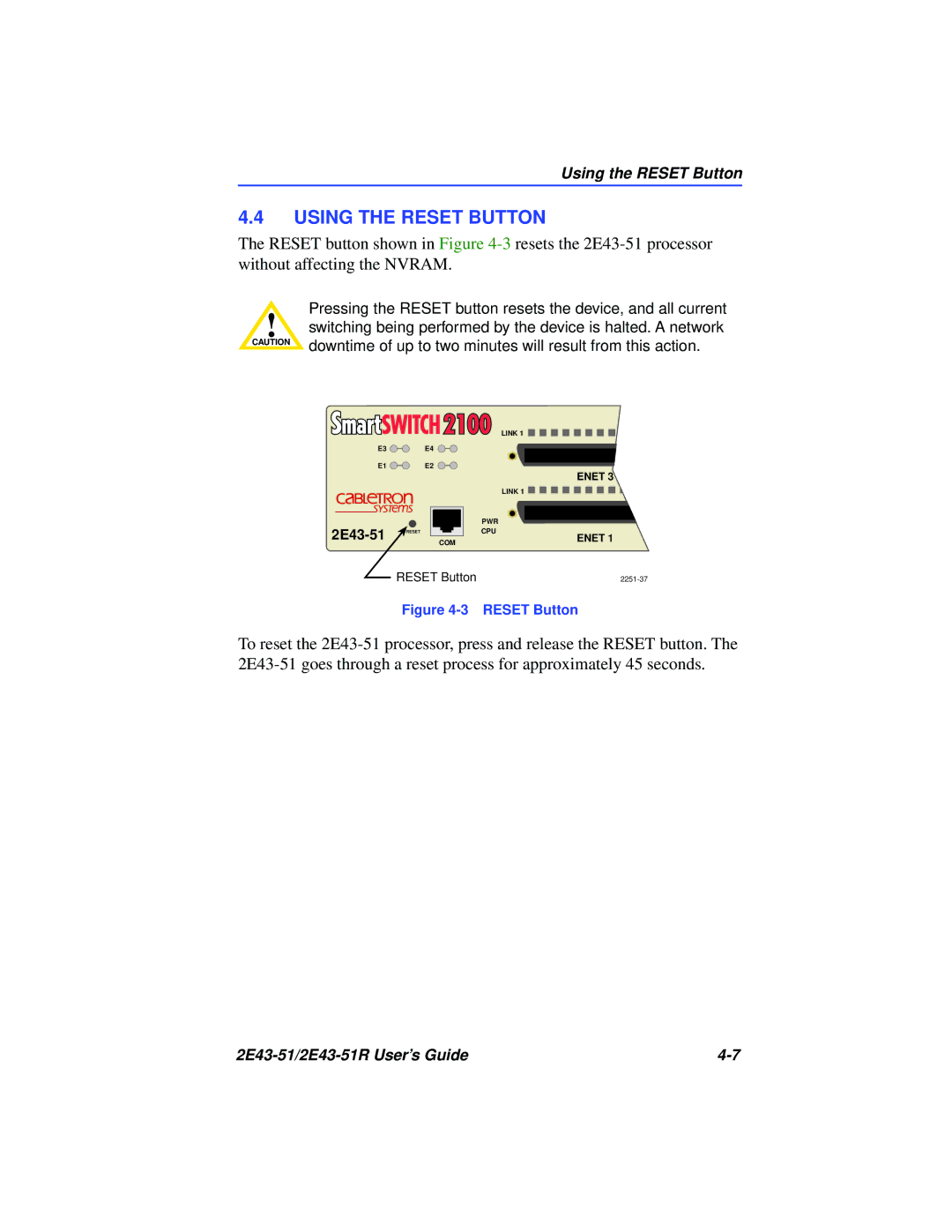 Cabletron Systems 2E43-51R manual Using the Reset Button 