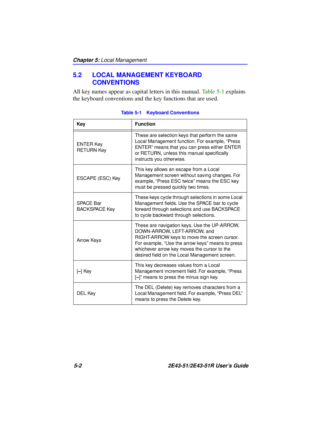 Cabletron Systems 2E43-51R manual Local Management Keyboard Conventions 