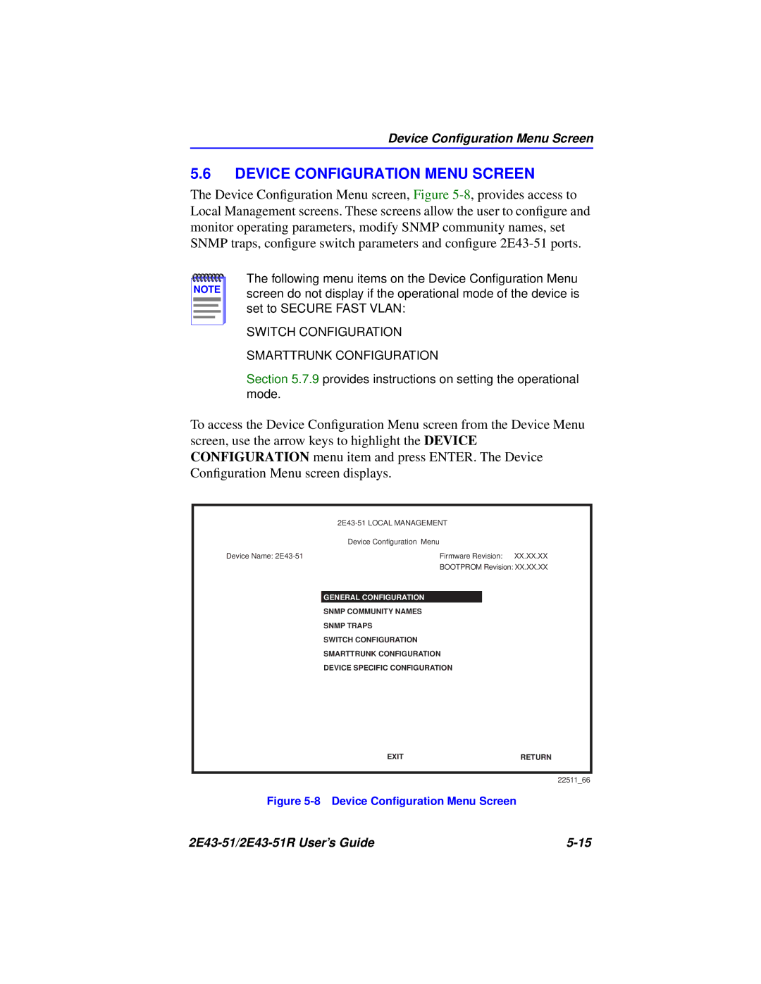 Cabletron Systems 2E43-51R manual Device Configuration Menu Screen, General Configuration 