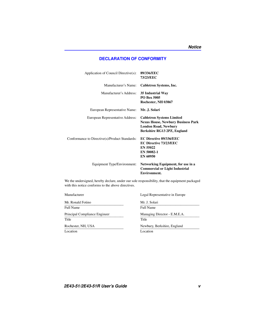 Cabletron Systems 2E43-51R manual Declaration of Conformity 