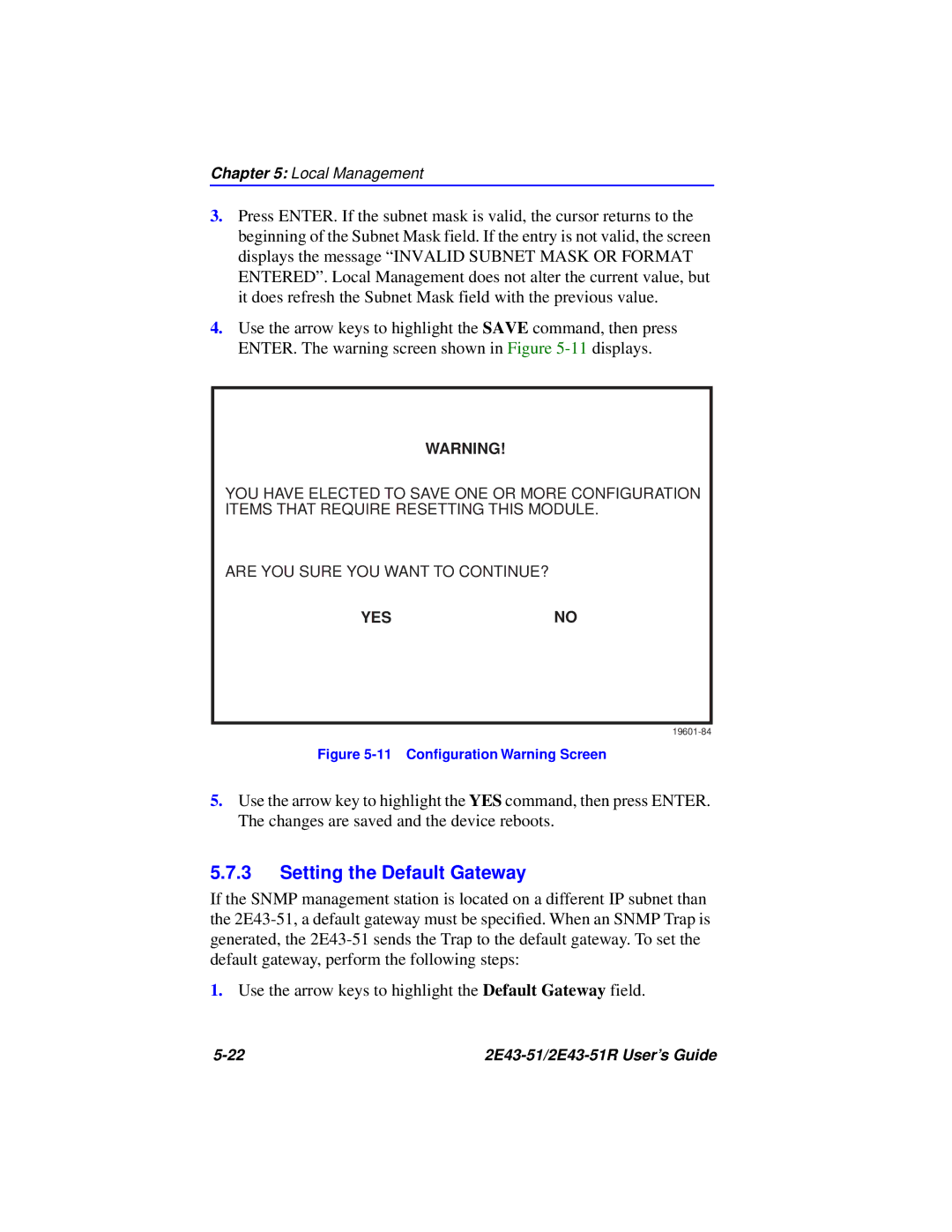 Cabletron Systems 2E43-51R manual Setting the Default Gateway, 11 Conﬁguration Warning Screen 