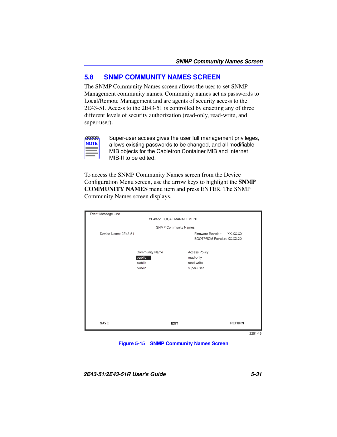 Cabletron Systems 2E43-51R manual Snmp Community Names Screen 