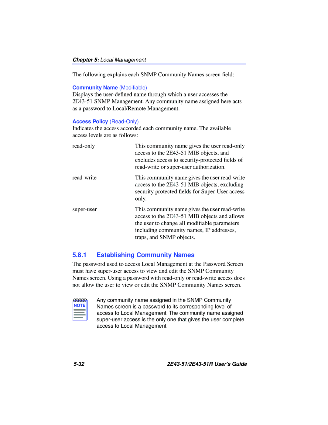 Cabletron Systems 2E43-51R manual Establishing Community Names 