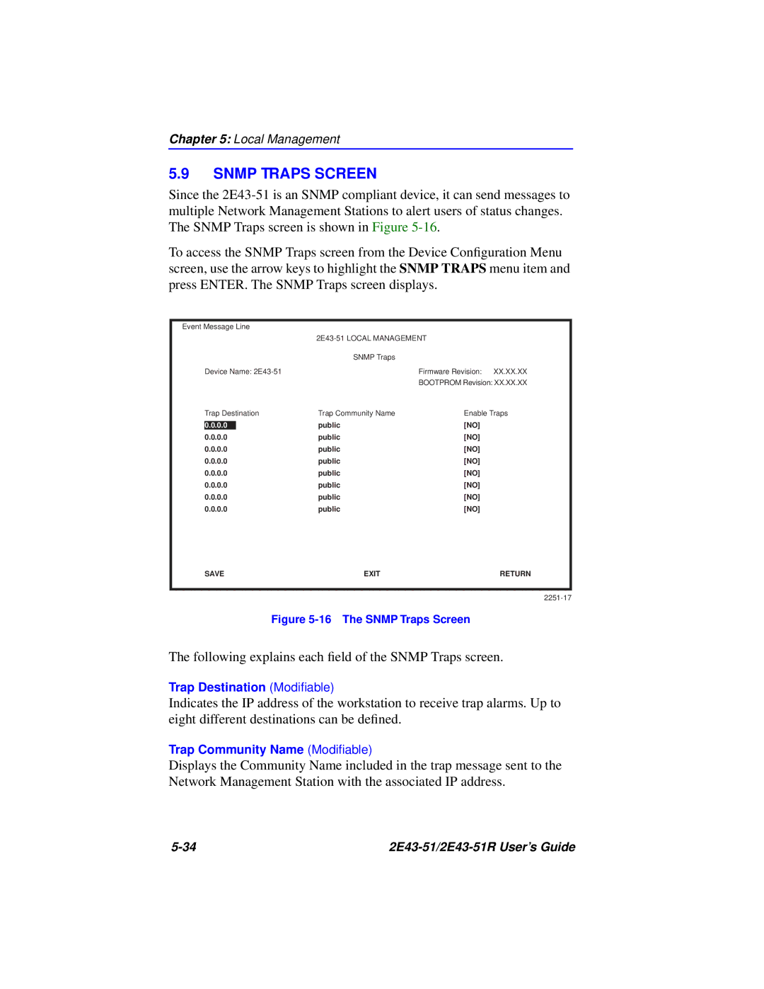 Cabletron Systems 2E43-51R manual Snmp Traps Screen, 2E43-51 Local Management 