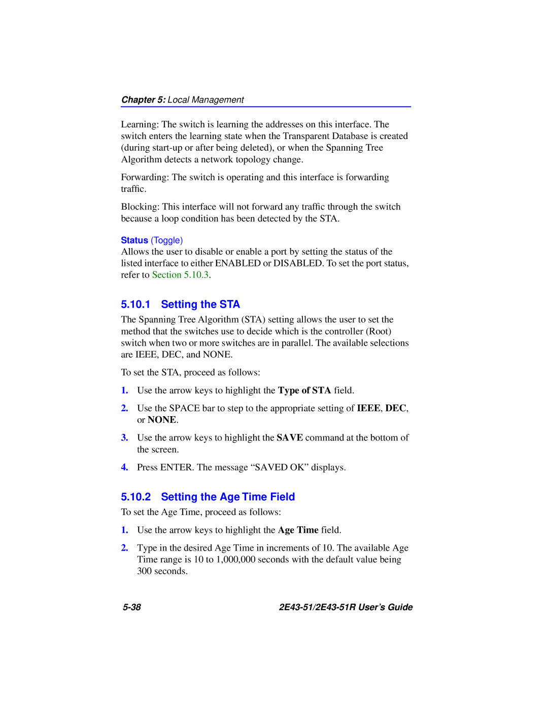 Cabletron Systems 2E43-51R manual Setting the STA, Setting the Age Time Field 