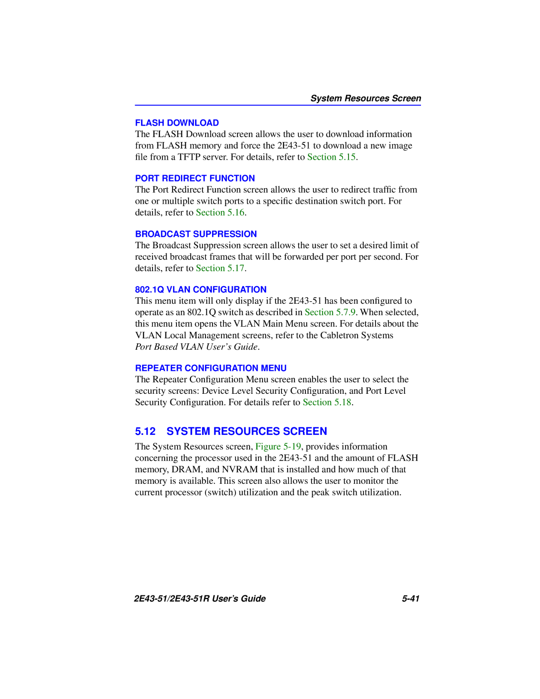 Cabletron Systems 2E43-51R manual System Resources Screen 